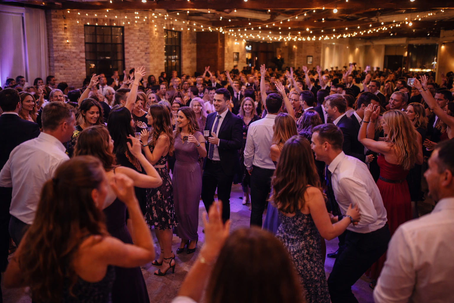 Crowded wedding dance floor with guests dancing during a Durham wedding reception.