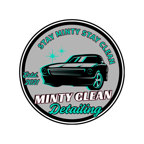Logo for Minty Clean Detailing featuring a black car with turquoise accents, stars, and the text "Stay Minty Stay Clean" and "Minty Clean Detailing" with "Est. 2021".