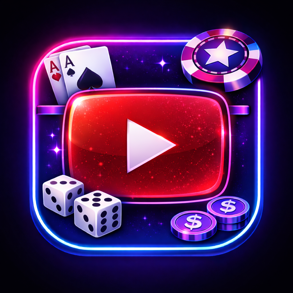Neon-style digital illustration of gambling and casino elements, including playing cards with two aces, a poker chip, two dice, a dollar coin, and a large red play button resembling YouTube's play icon.