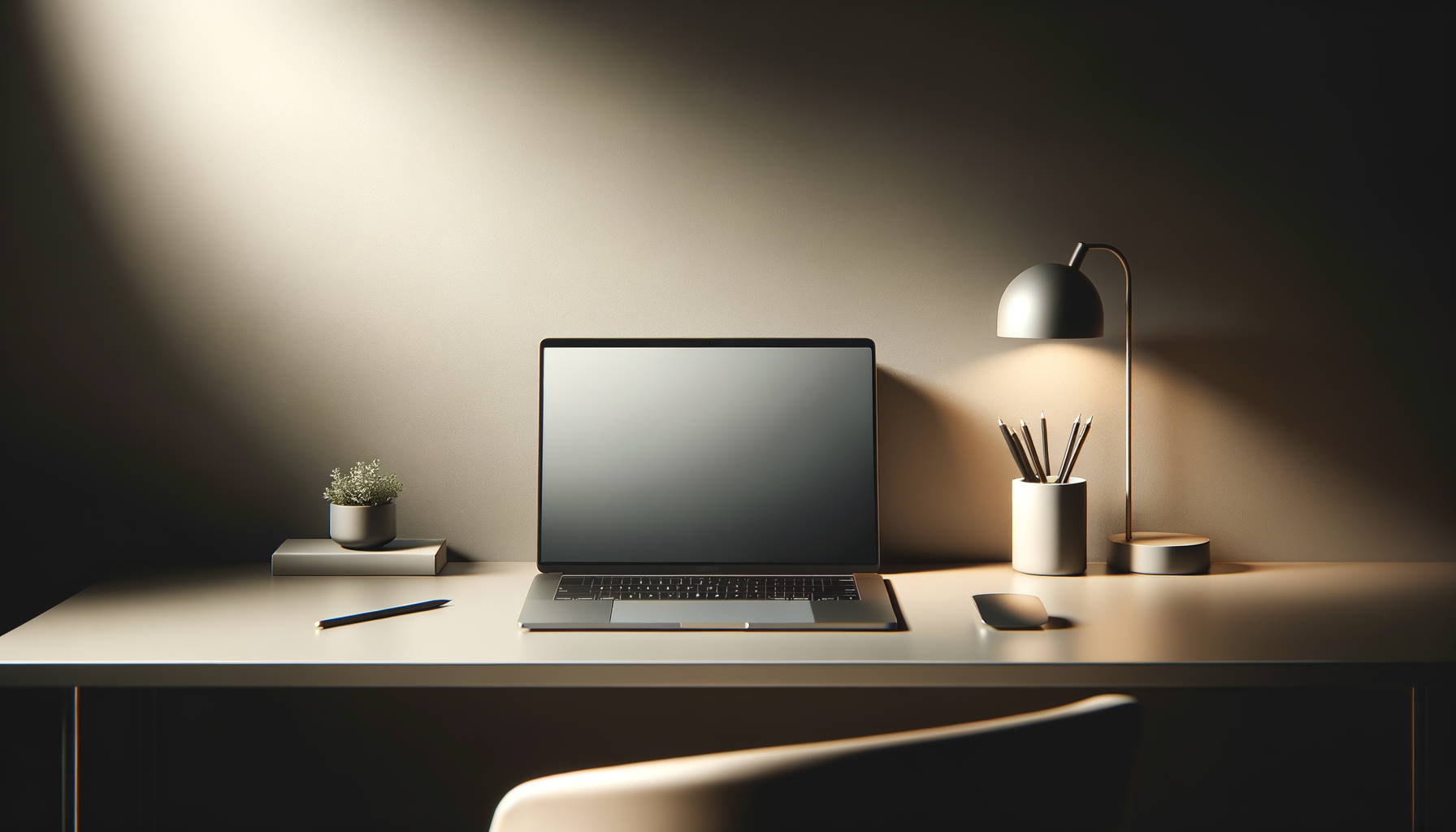 Minimalist desk setup with a laptop, wireless mouse, desk lamp, and pen, illuminated by warm lighting on a beige wall.
