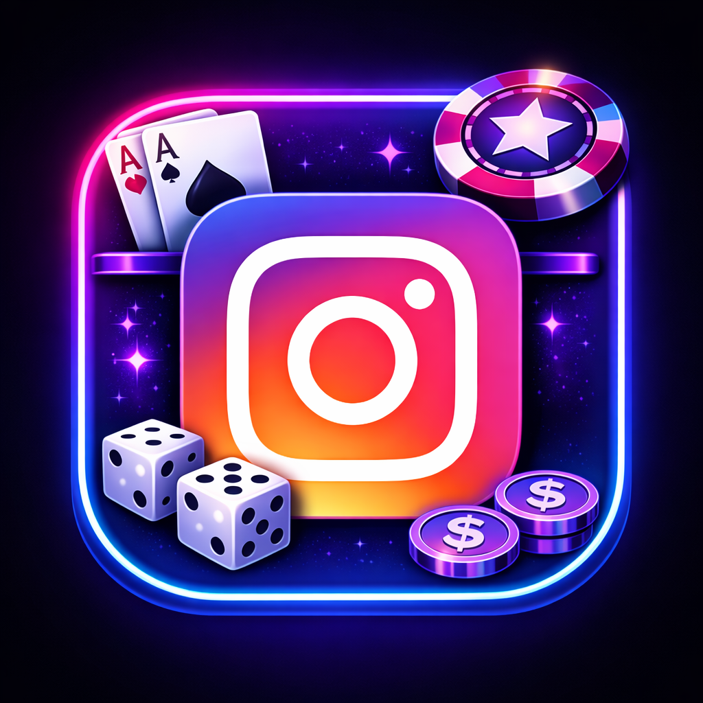 Neon-lit graphic featuring Instagram's logo, playing cards with aces, dice, poker chips, and dollar coins, suggesting gambling or gaming themes.
