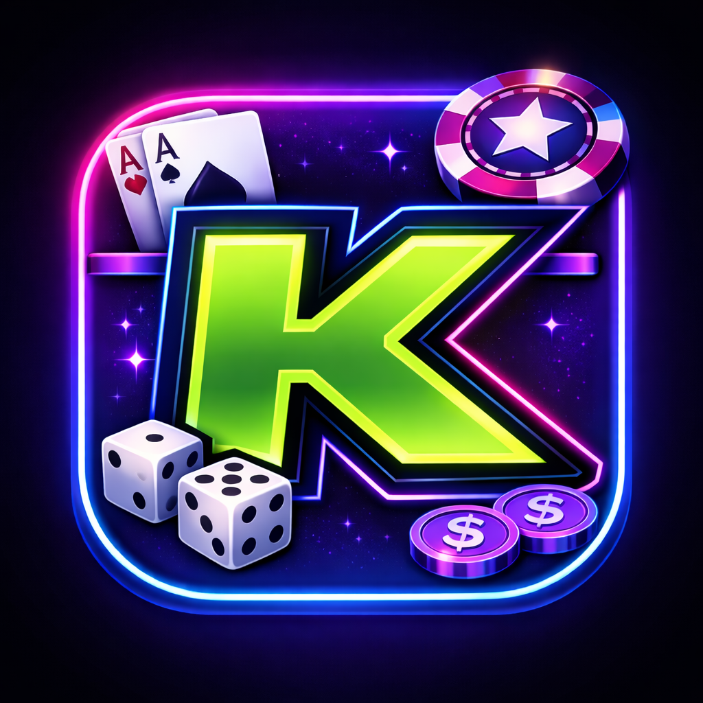 Neon-style gaming icon with a large green letter 'K', playing cards, dice, poker chips, and dollar coins against a dark, starry background.