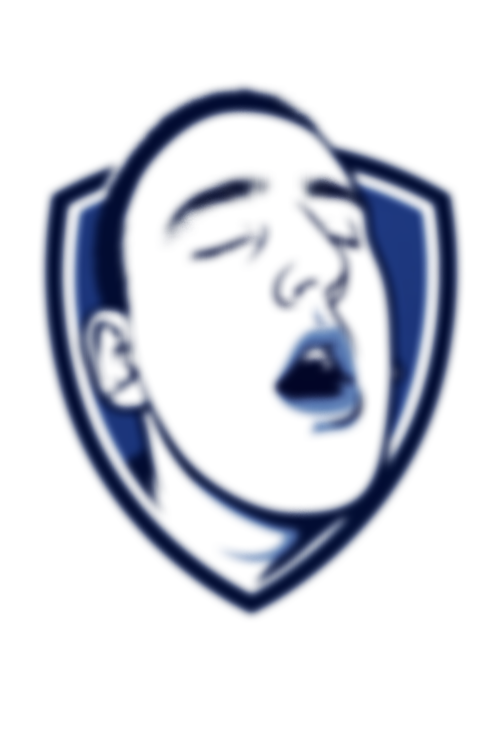 Blurry logo of a person with an open mouth, possibly shouting, with closed eyes, surrounded by a shield-like shape, in blue and white colors.