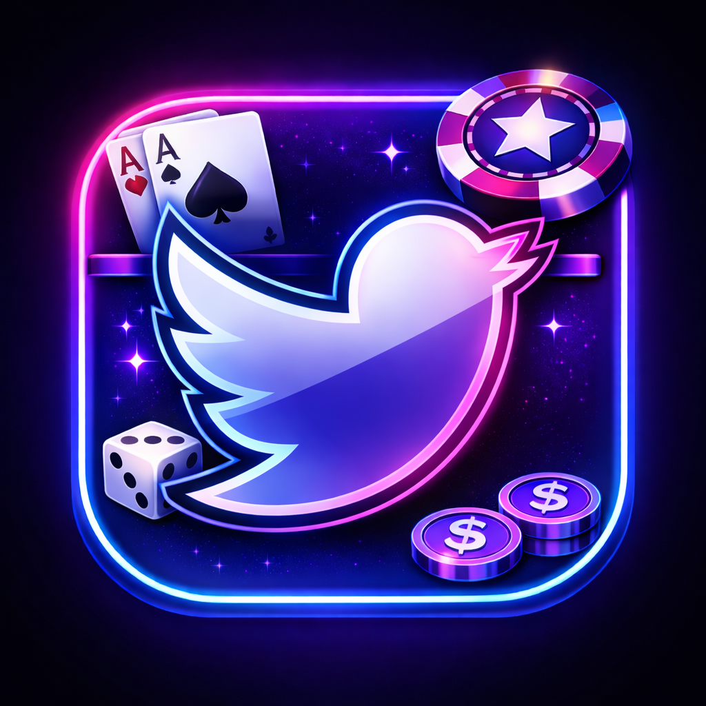 Neon-style digital illustration of the Twitter logo with casino elements like poker chips, playing cards, a dice, and dollar coins, set against a starry background.