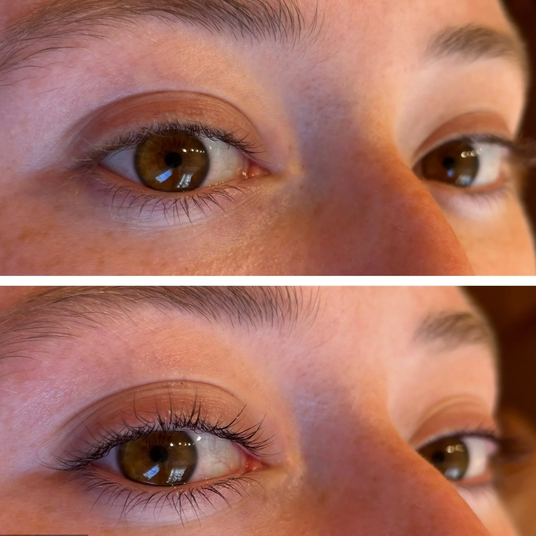 Before and after a client's lash lift.