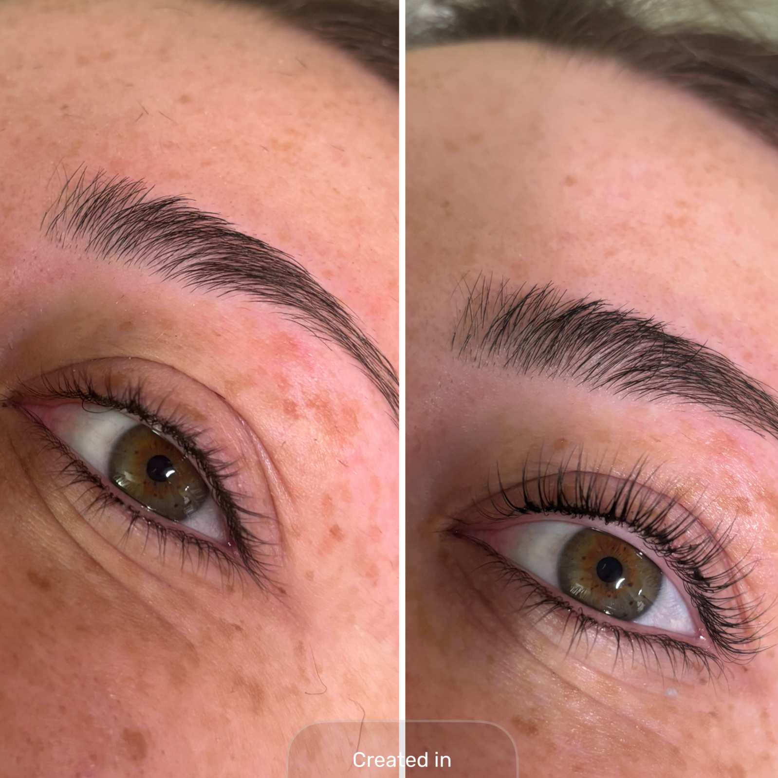 Before and after a client's lash lift.