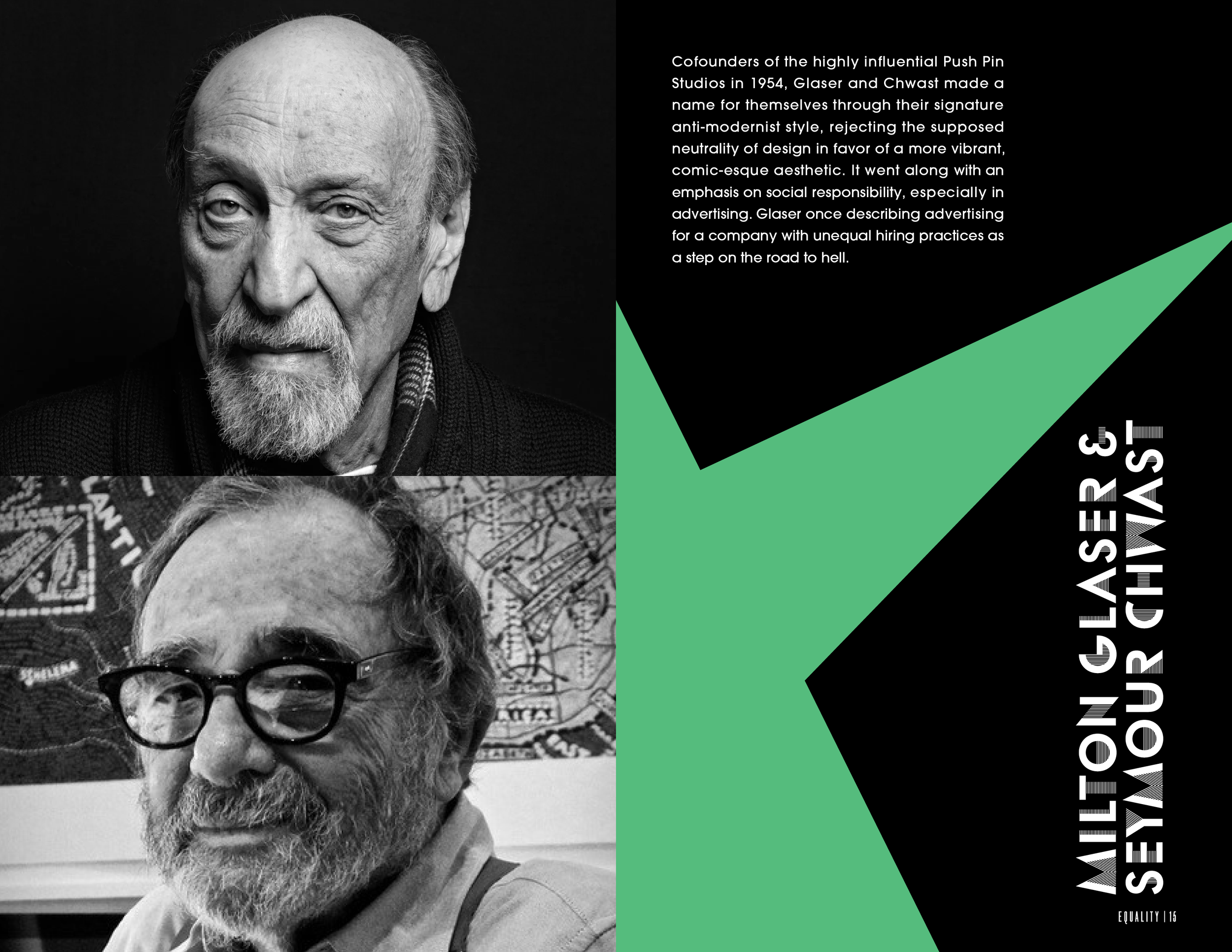 Open Issue No. 1 publication spread with photos of Milton Glaser and Seymour Chwast, with text about them and their work as cofounders of Push Pin Studios.
