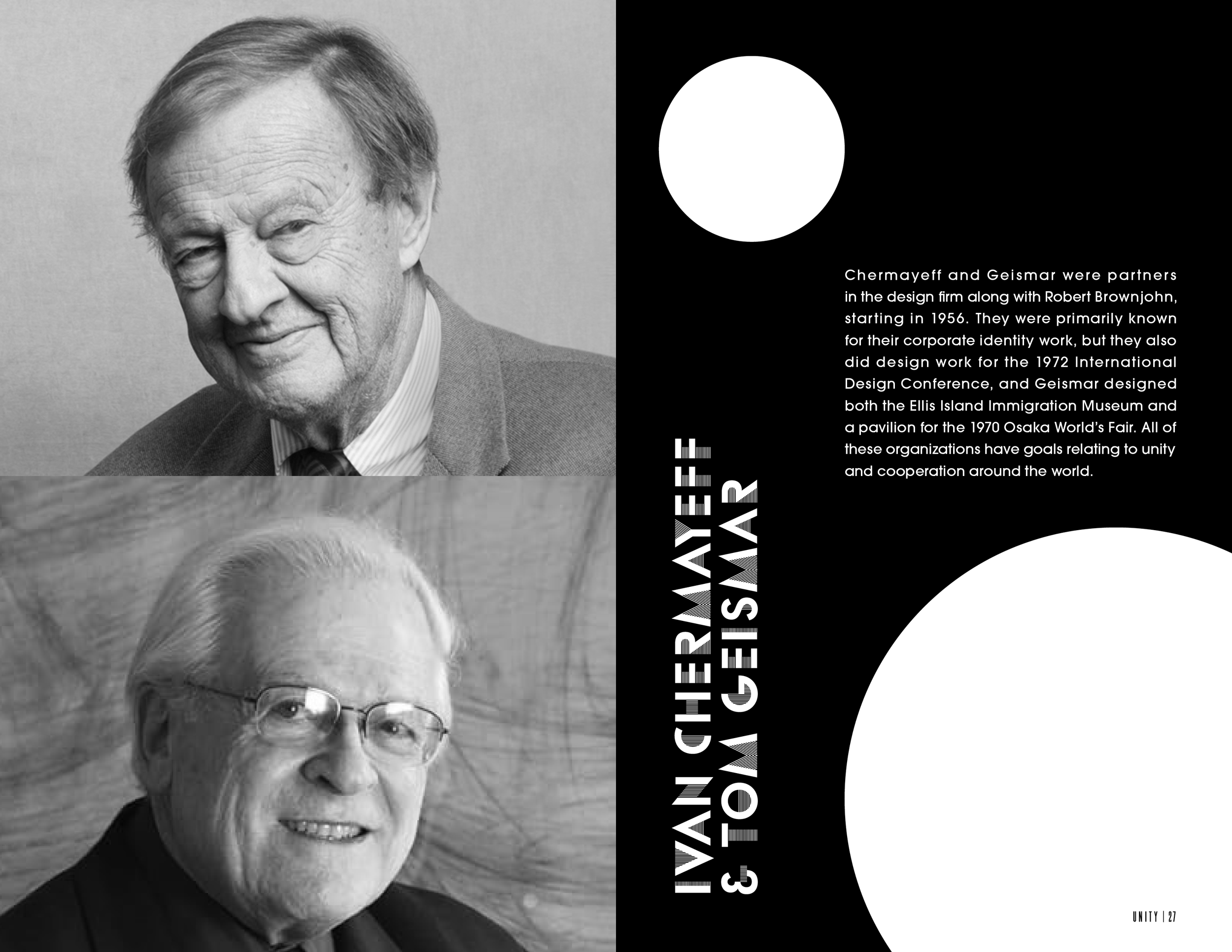 Open Issue No. 1 publication spread with photos of Ivan Chermayeff and Tom Geismar, with text about them and their work on promoting global unity through design.