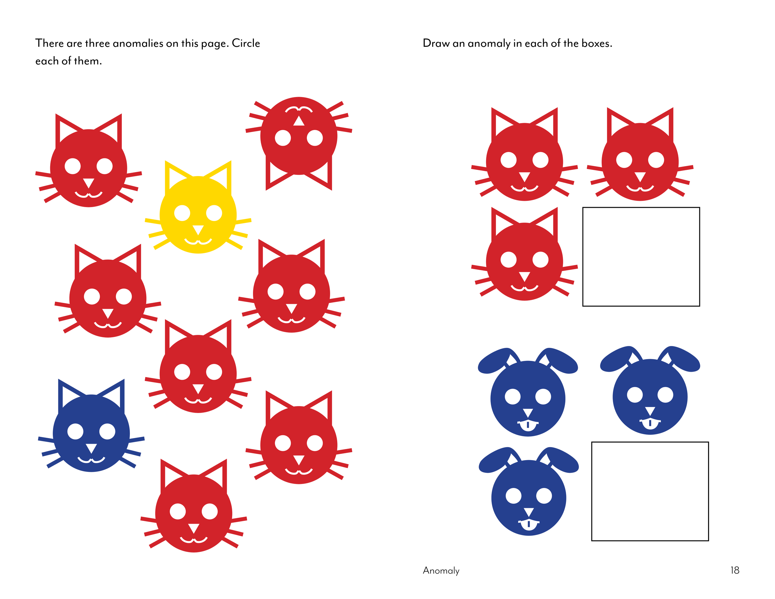 Illustration showing a set of cat and dog faces in red, yellow, and blue with some anomalies to be identified and marked.