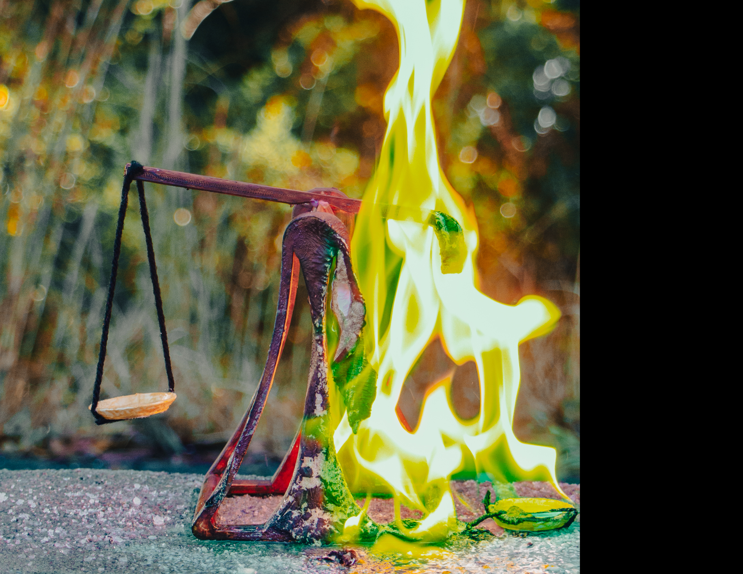 A sculpture of a balance scale on fire with green flames burning around it, outdoors on a rough surface with a blurred natural background.