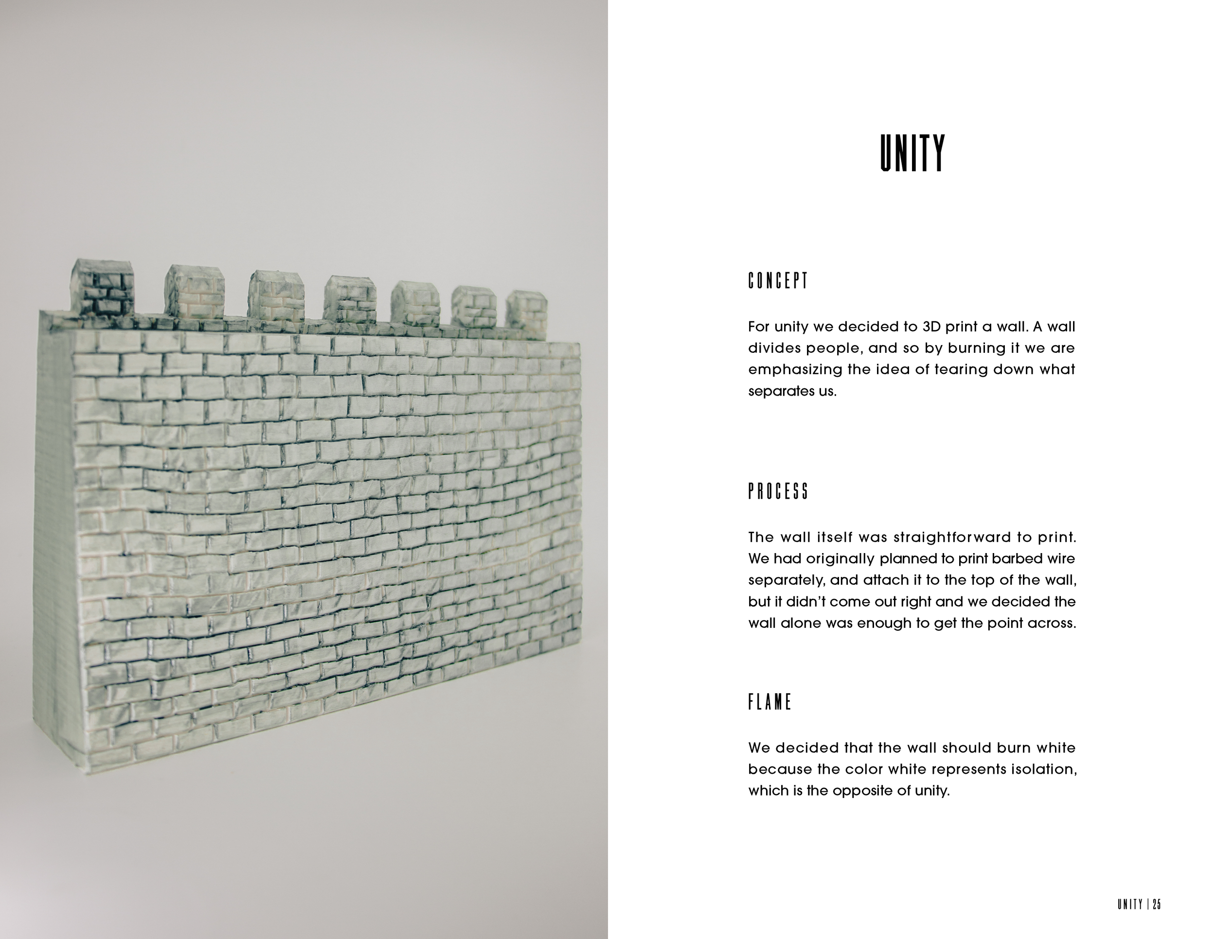 A 3D printed wall with brick texture, topped with small battlements, accompanied by a text explanation about the concept of tearing down barriers for unity, with process and flame ideas.