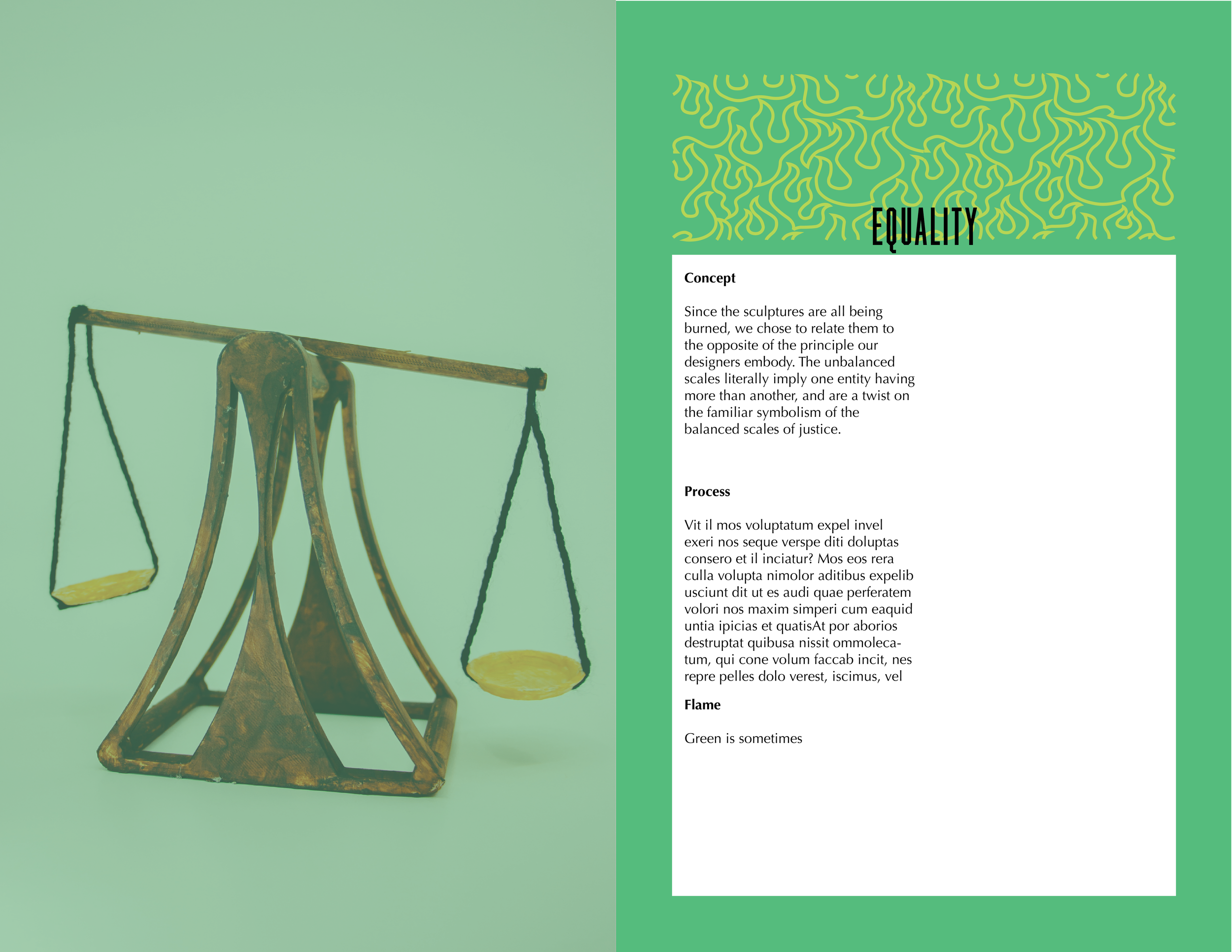 A 3D printed sculpture of a balance scale, positioned against a light green background.