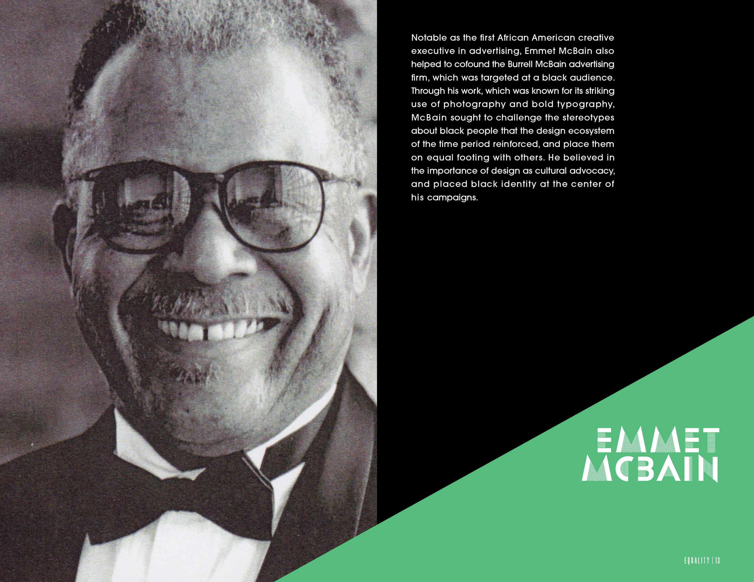 Open Issue No. 1 publication spread with a photo of Emmet McBain, with text about him and his contributions to advertising and culture.