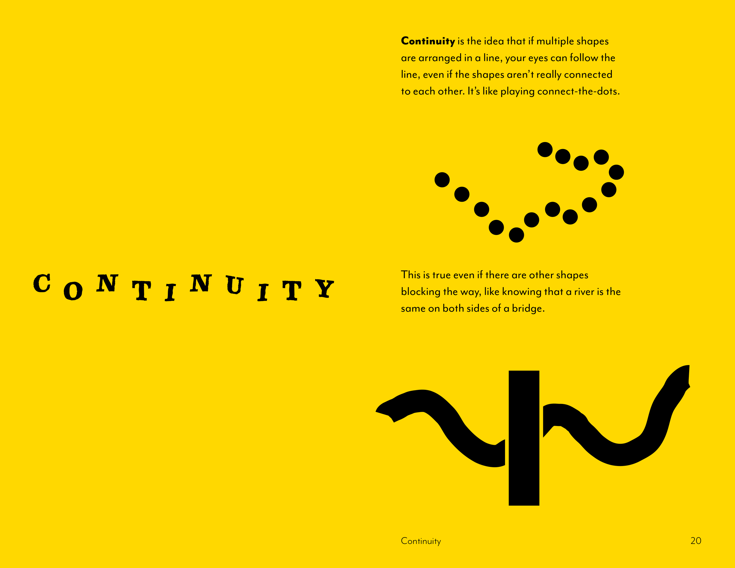 Yellow infographic explaining the concept of continuity with a dashed curved line, the word "CONTINUITY" in black, and a black wavy line that resembles a pipe. The text describes how the eye follows connected shapes and compares it to a river on both sides of a bridge.