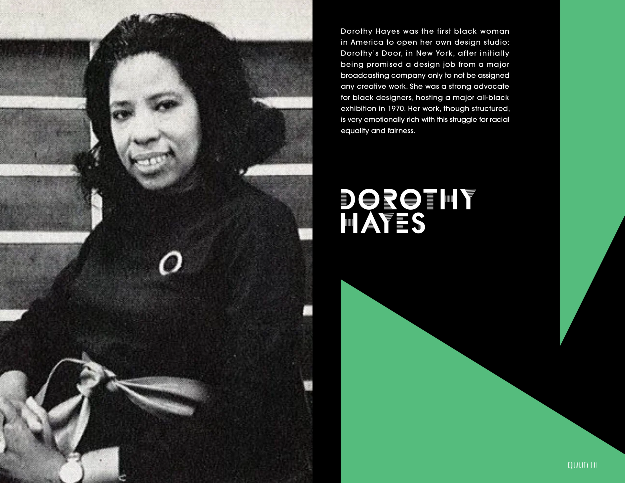 Open Issue No. 1 publication spread with a photo of Dorothy Hayes, with text about her and her work and advocacy for black designers.