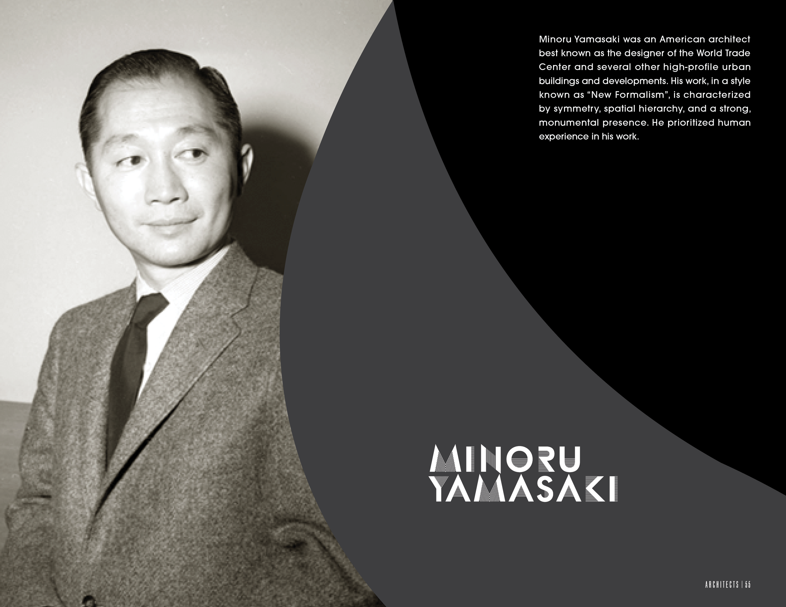 Open Issue No. 1 spread about Minoru Yamasaki, describing his architectural work.