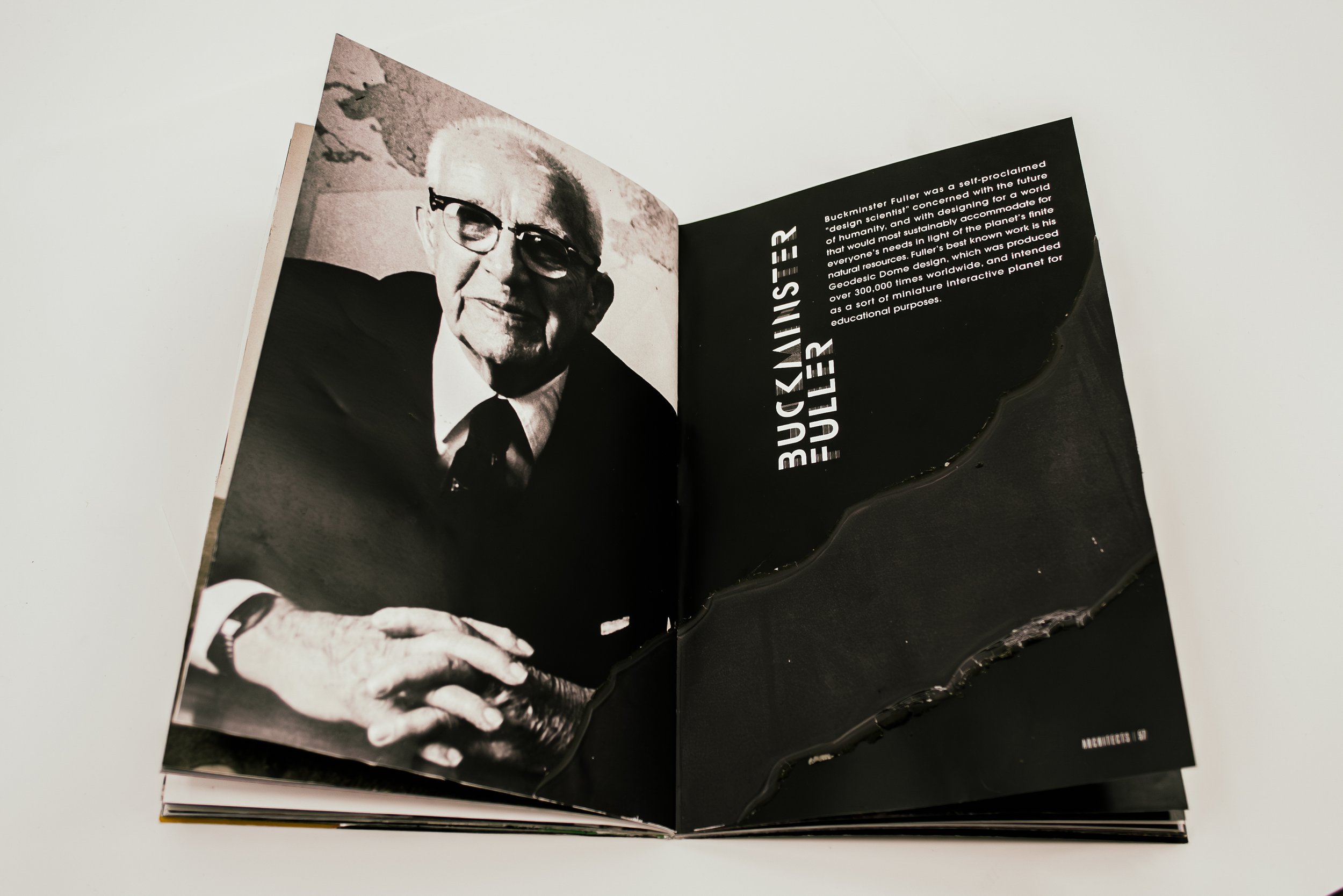 Open Issue No. 1 publication spread with a photo of Buckminster Fuller, with text about him and his work on design and the geodesic dome.