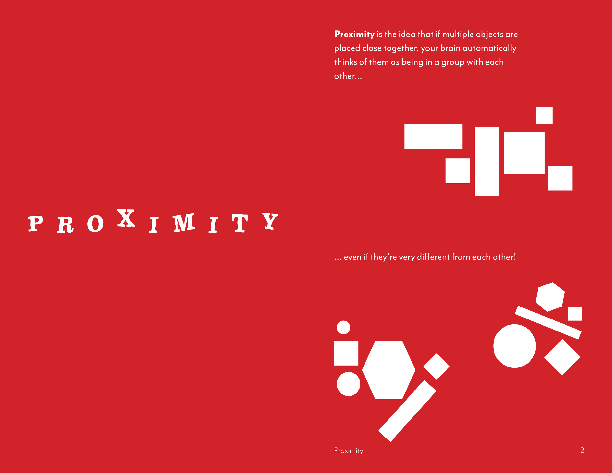 Red separation spread explaining the Gestalt principle of Proximity and how to implement it.