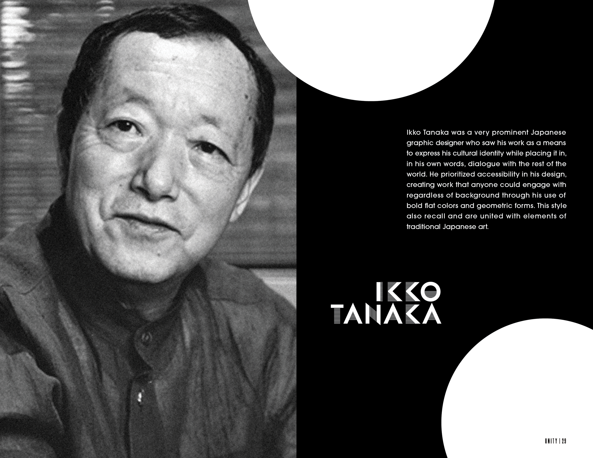Open Issue No. 1 publication spread with a photo of Ikko Tanaka, with text about him and his work to blend traditional Japanese and modernist design practices.