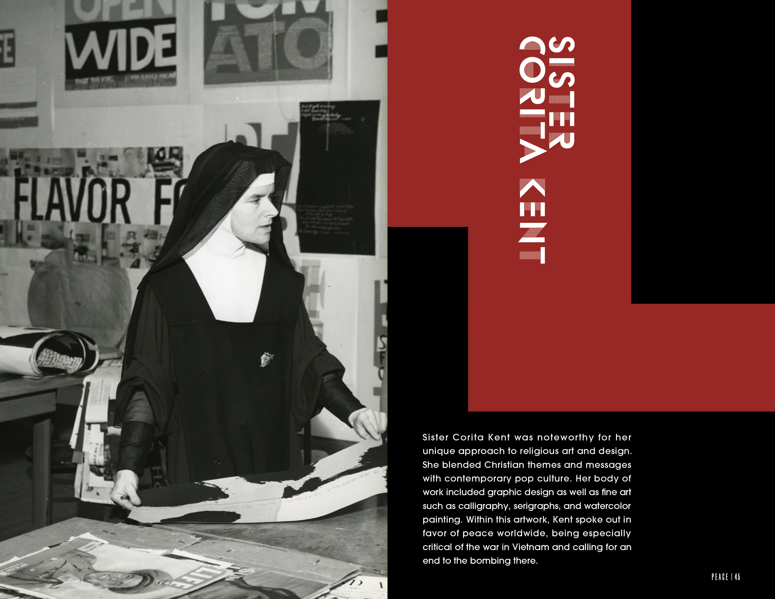 Open Issue No. 1 publication spread with a photo of Sister Corita Kent, with text about her and her work on blending religion with pop culture through design.