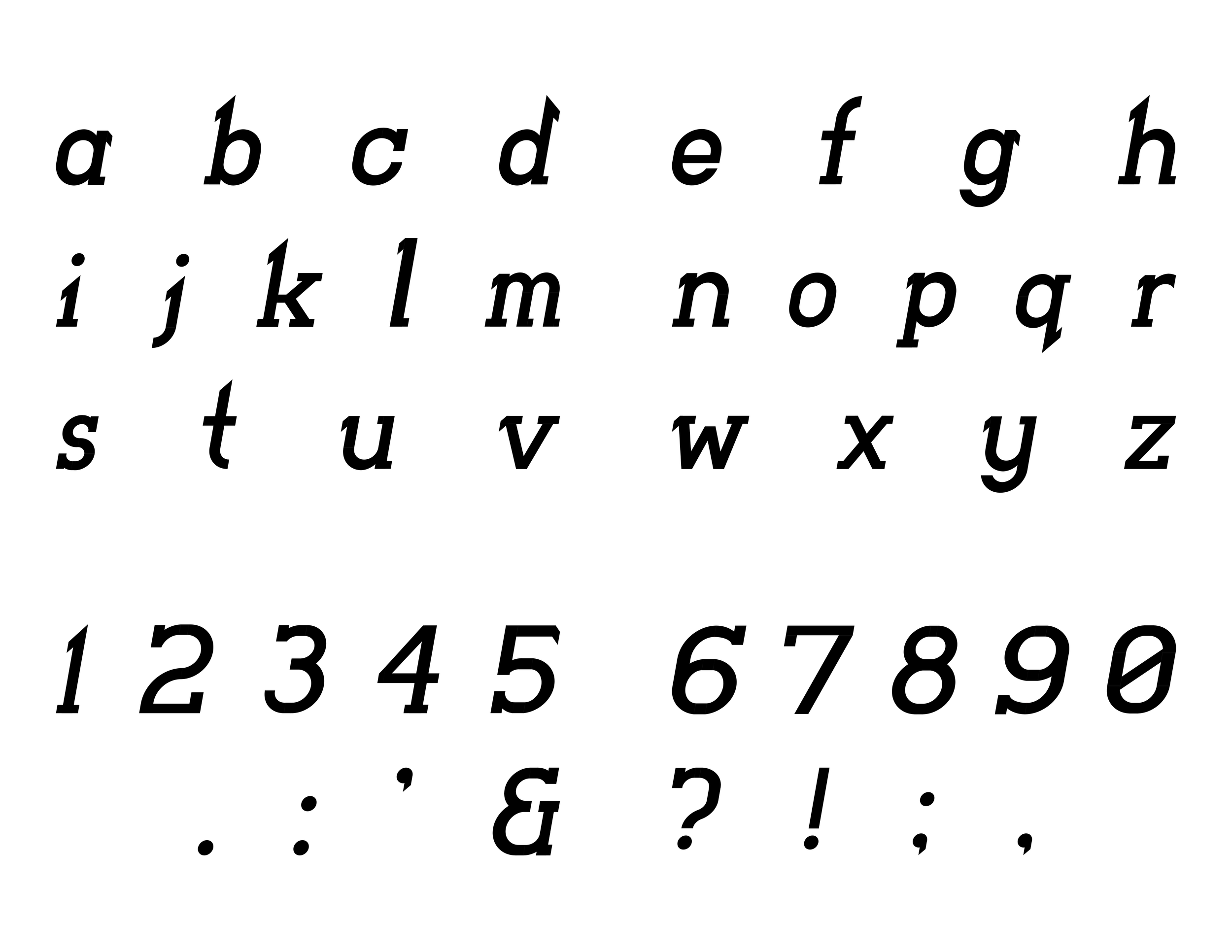 Charging Slab Oblique minuscule alphabet and numbers in a stylized font with some symbols.