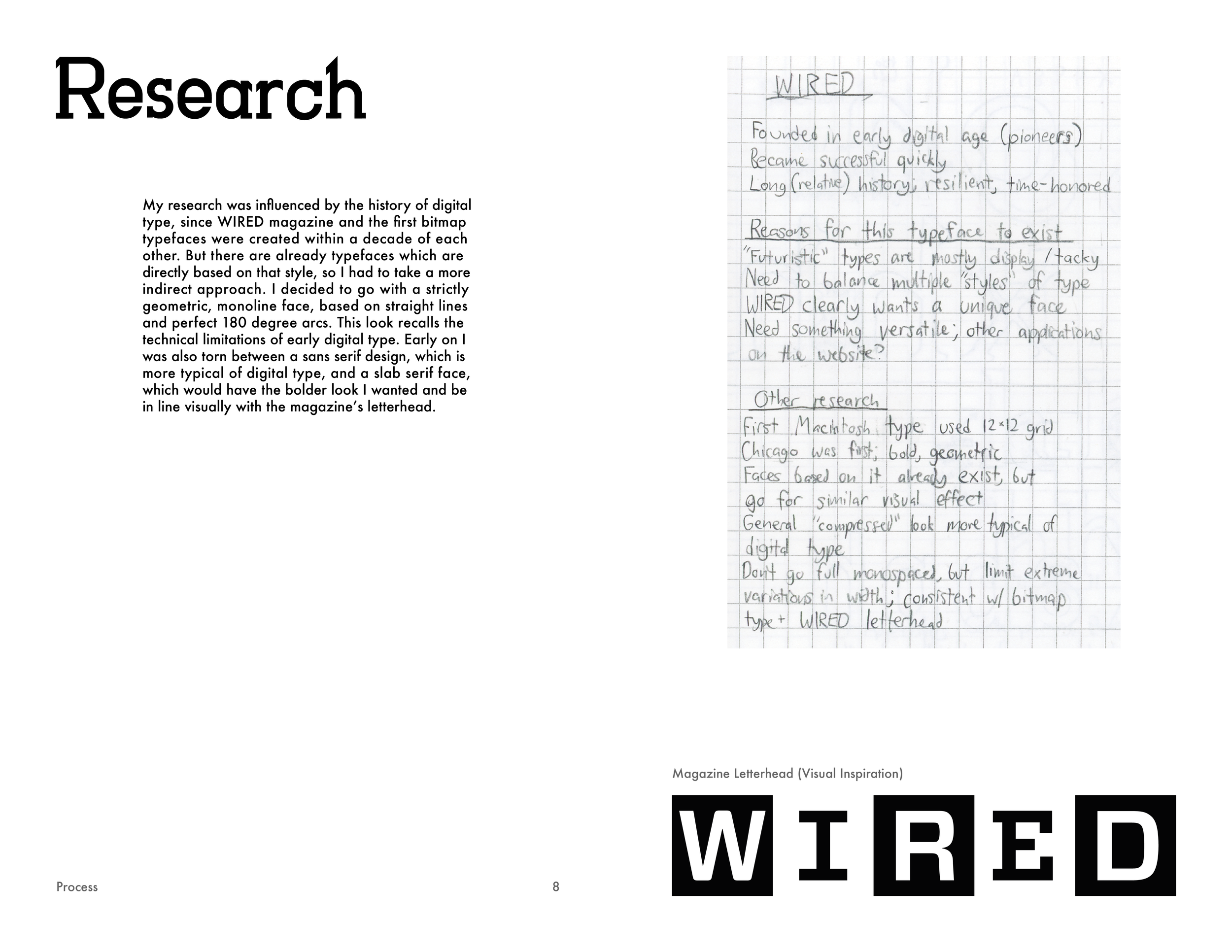 A magazine page titled 'Research' with a paragraph explaining the influence of digital typefaces and the designer's choice of a geometric, monoline face inspired by early digital fonts, and a handwritten note about the 'WIRED' typeface, including historical context, characteristics, and research notes, with a black-and-white 'WIRED' letterhead at the bottom.