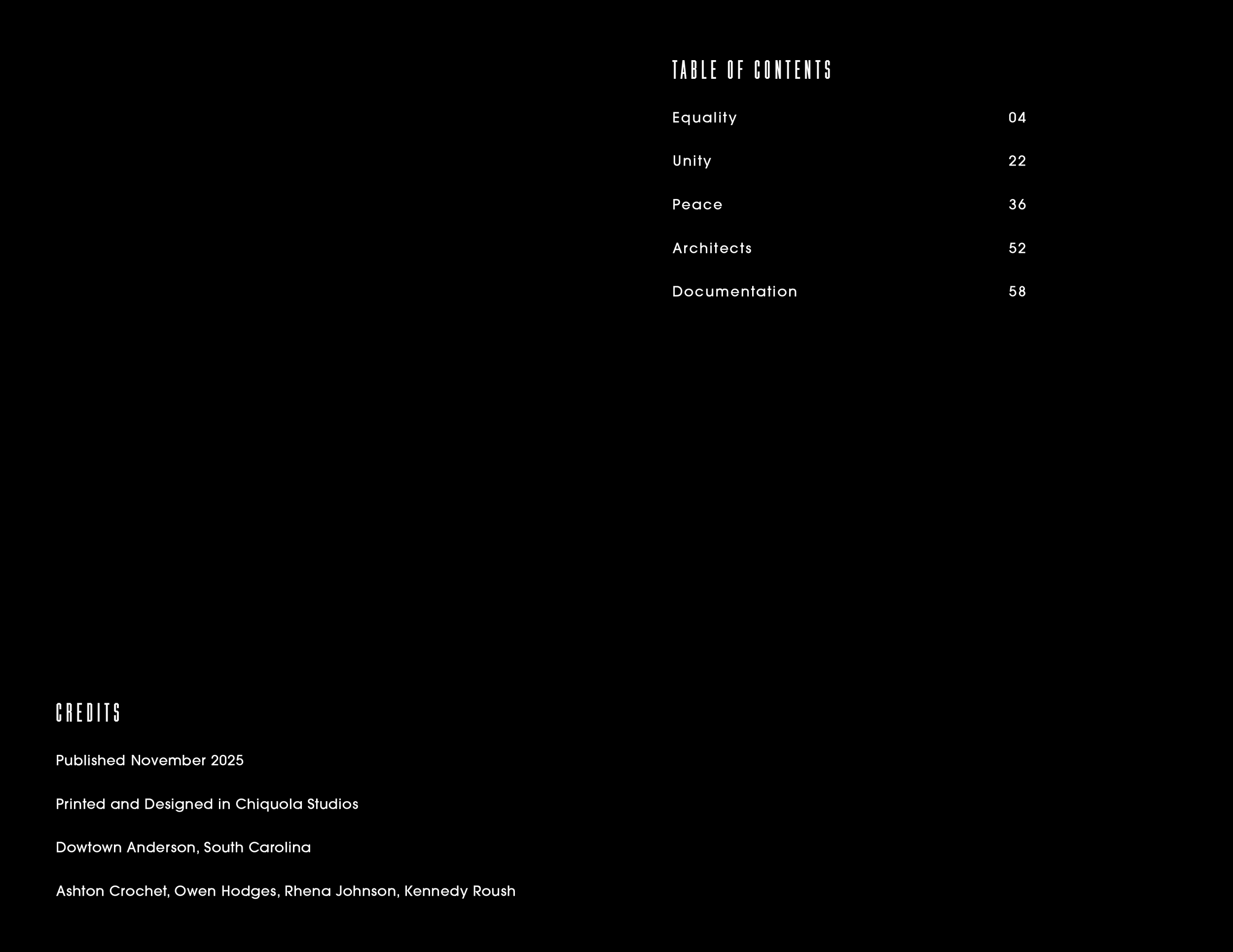 A black spread with white text, showing a table of contents with chapters titled Equality, Unity, Peace, Architects, and Documentation, each with corresponding page numbers.
