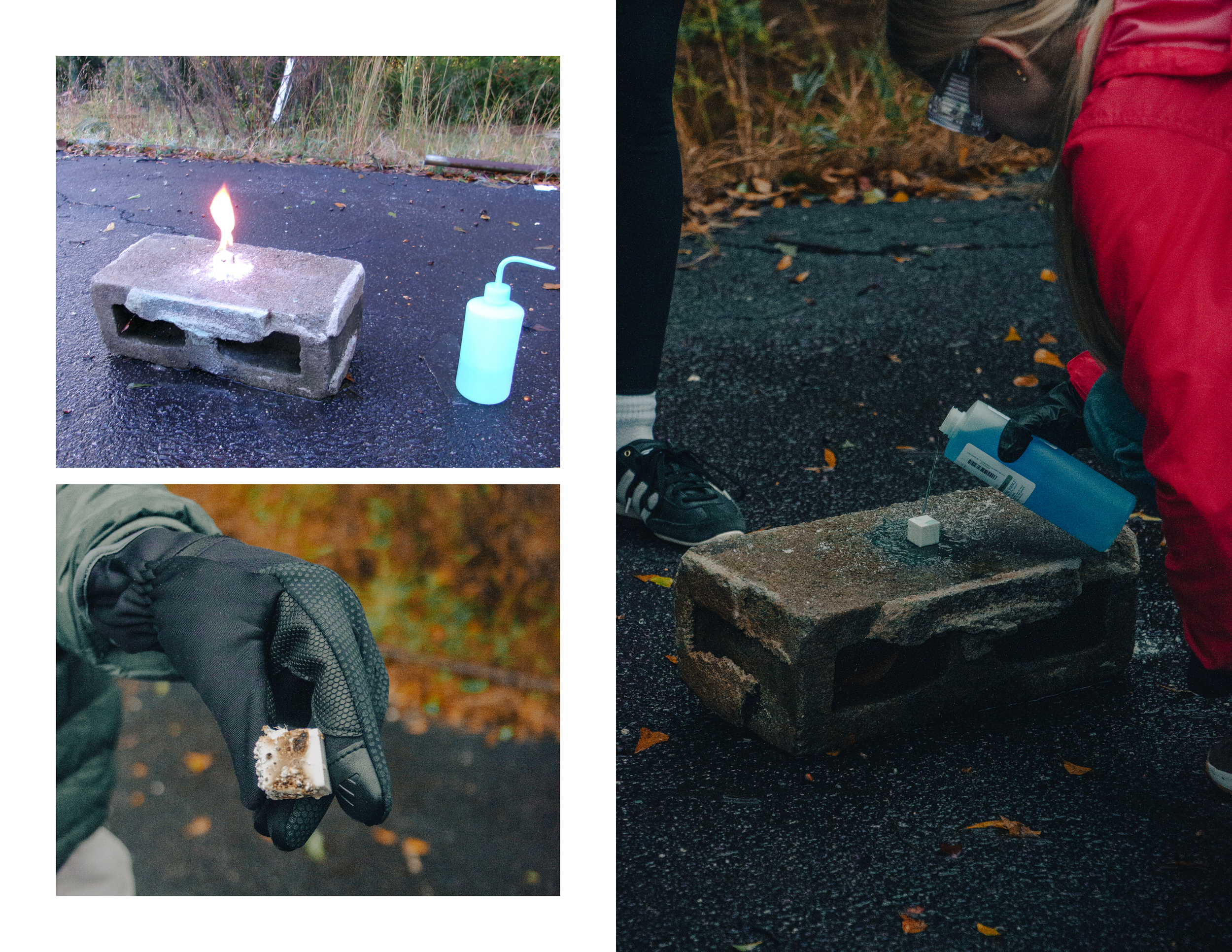 Two images showing outdoor science experiments. The top left shows a lit candle on a cinder block with a squeeze bottle beside it. The bottom left features a person wearing gloves holding a small container with an unknown substance. The right image depicts a person in a red jacket pouring liquid from a plastic bottle onto a cinder block on a wet asphalt surface, with autumn leaves scattered around.