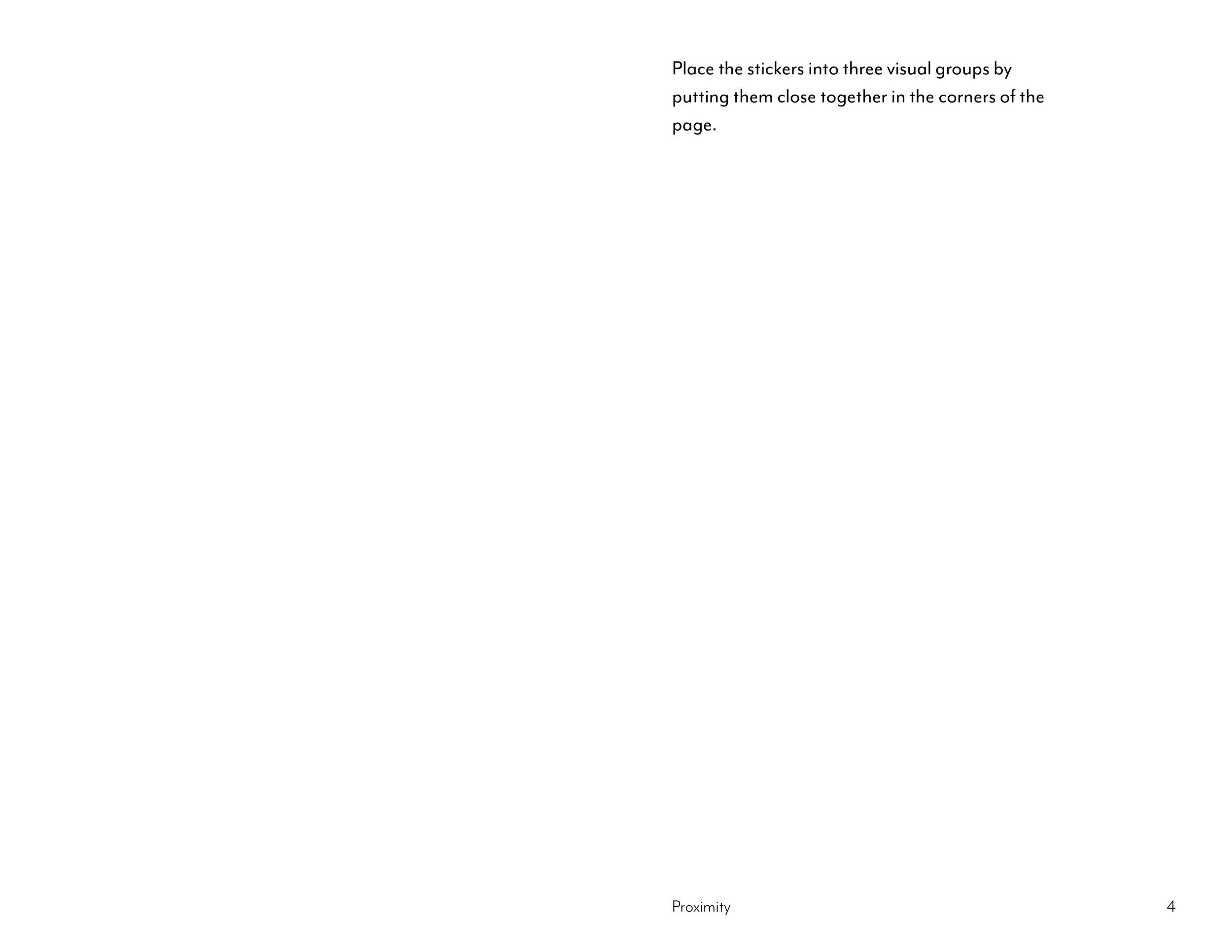 Instruction page for placing three stickers close together in the corners of a page.