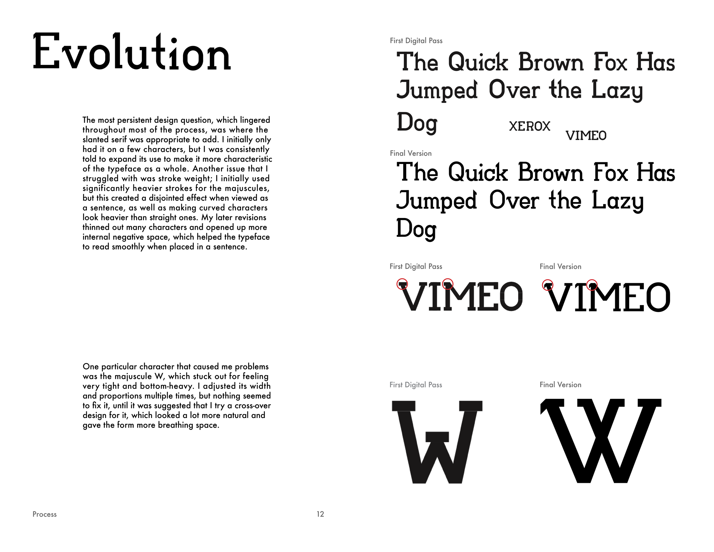 Two pages of a book discussing font design, showing text about the evolution of Charging Slab's distinct letterforms, with examples of the word 'Vimeo' and a 'W' in various font styles.