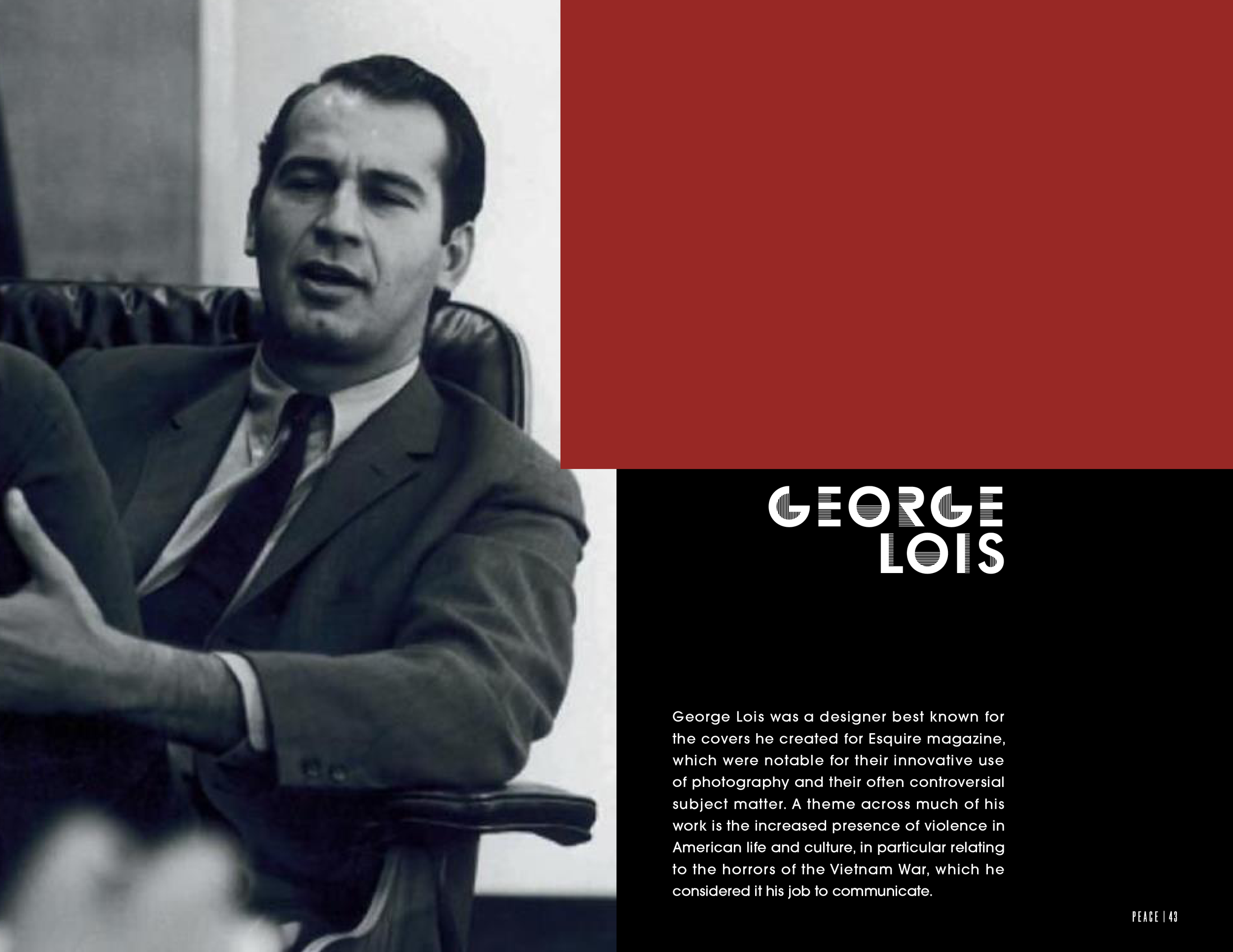 Open Issue No. 1 publication spread with a photo of George Lois, with text about him and his work for the Esquire magazine.