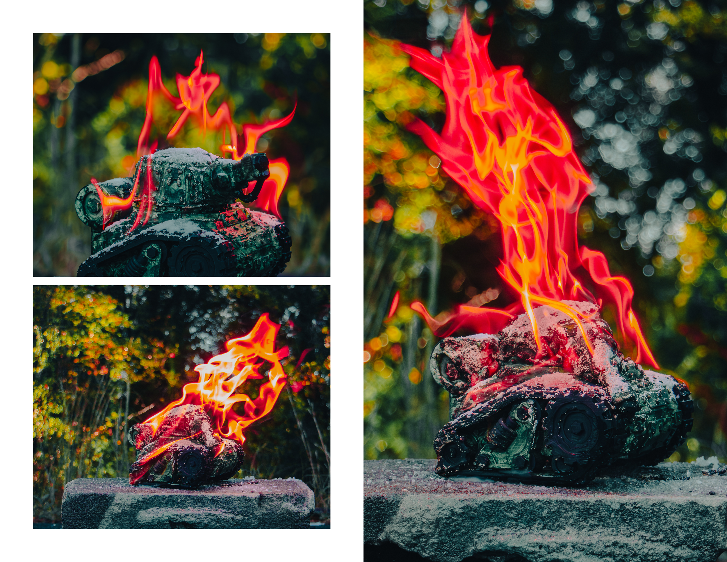 A collage of three images depicting a burning tank model with flames. The top left image shows the tank on a blurred outdoor background. The bottom left image shows the tank on a concrete surface with trees and foliage in the background. The right image is a larger close-up view of the tank with vivid flames against a blurred outdoor background.
