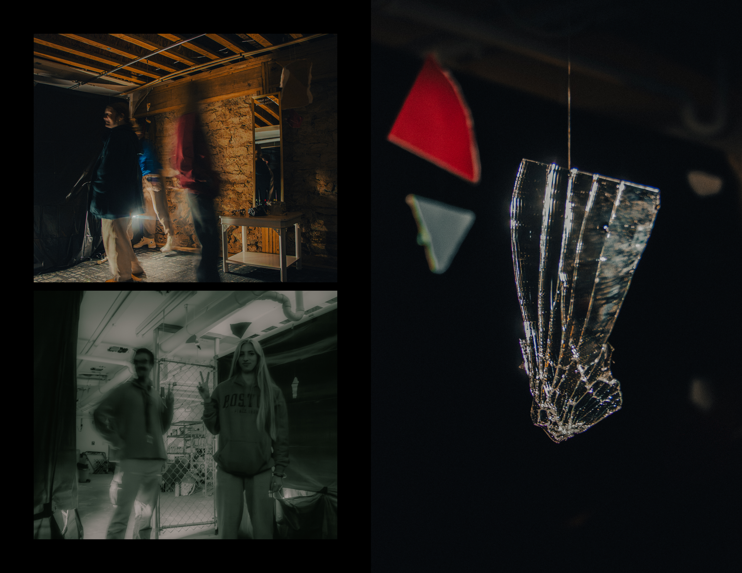 A collage of three images. The top left shows people, possibly at an event, moving in a dark room with warm lighting and a rustic stone wall. The bottom left features two people posing in an indoor space, one flashing a peace sign. The right image is a close-up of a hanging crystal-like ornament with red and green parts, reflecting light against a dark background.