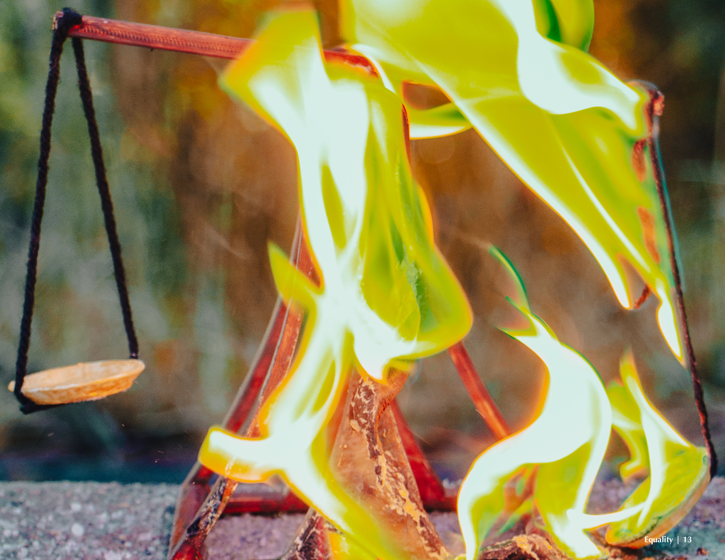 Close-up of a small bonfire with bright green flames over a background of trees and outdoors.