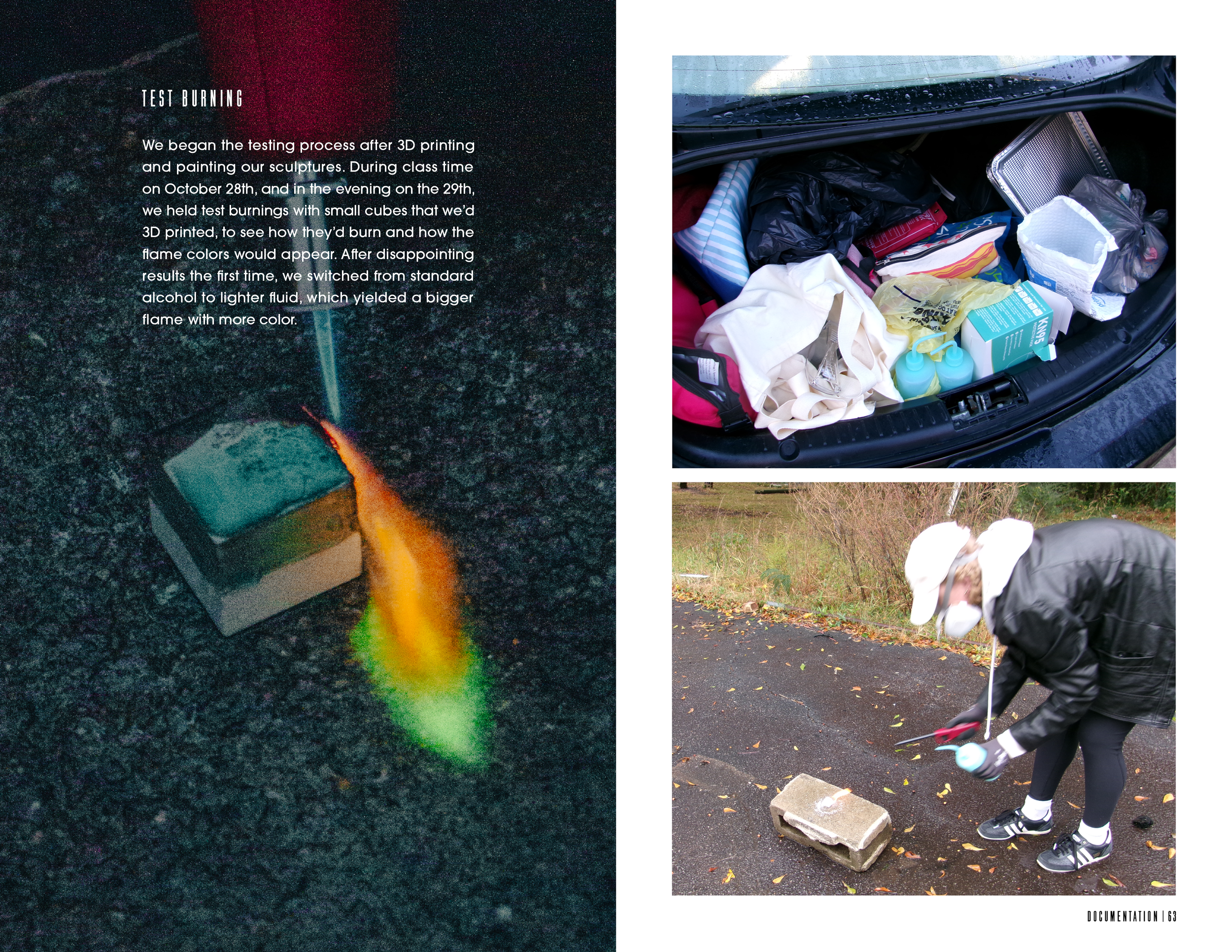 Page describing a testing process involving 3D printed sculptures and flame tests. The page features an image of a small opened car trunk filled with various items, a person wearing protective gear and gloves handling a tool outdoors near a concrete block, and a message about using lighter fluid to test burn sculptures.