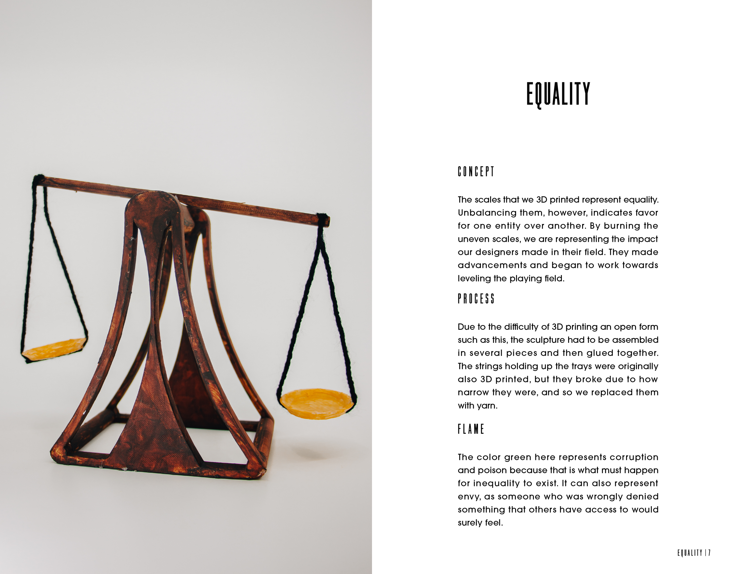 3D printed sculpture of a balance scale with a rust-colored finish and black strings holding golden platforms on each side, displayed on a white background.
