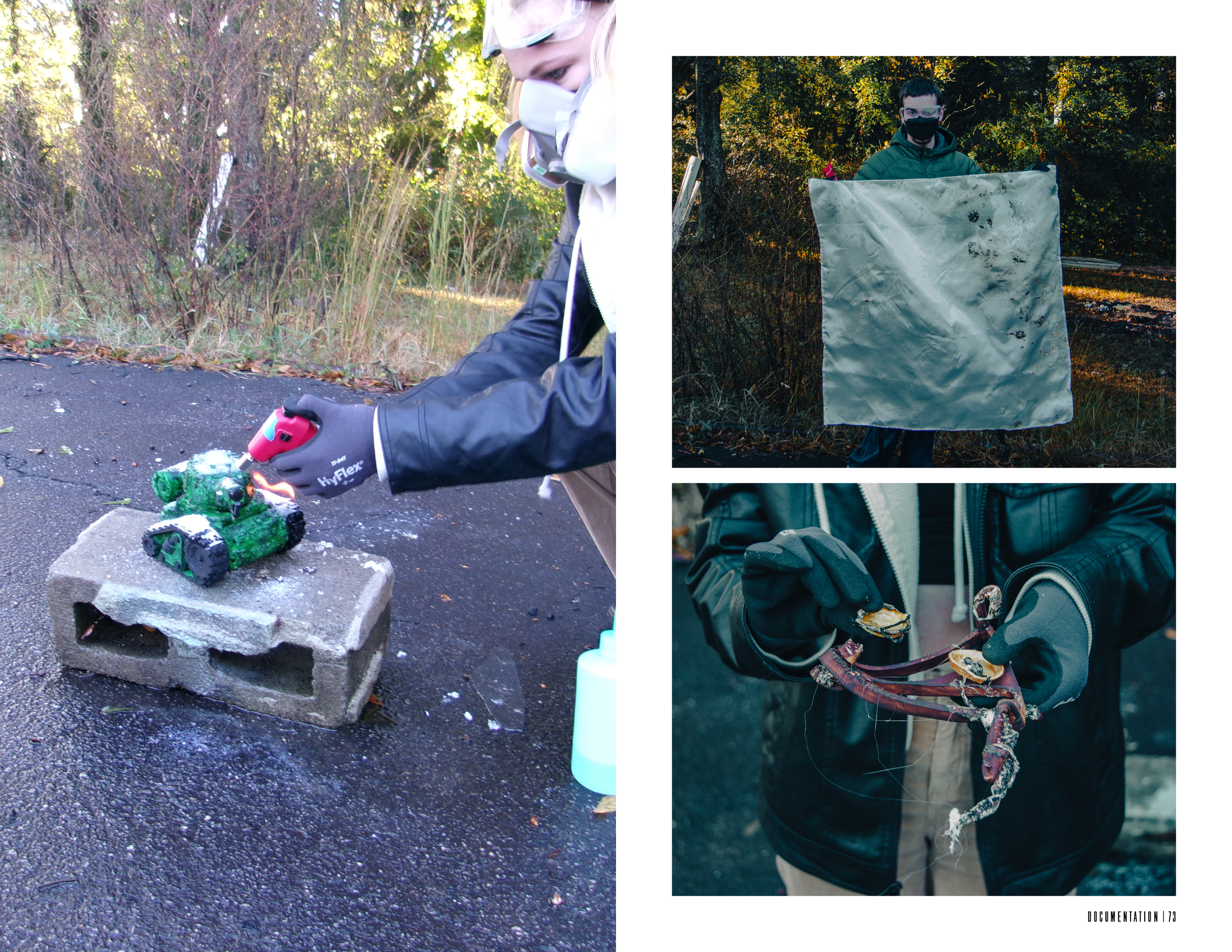 Images from the final burning showing various sculptures before and after being burnt, as well as the fire blanket used.