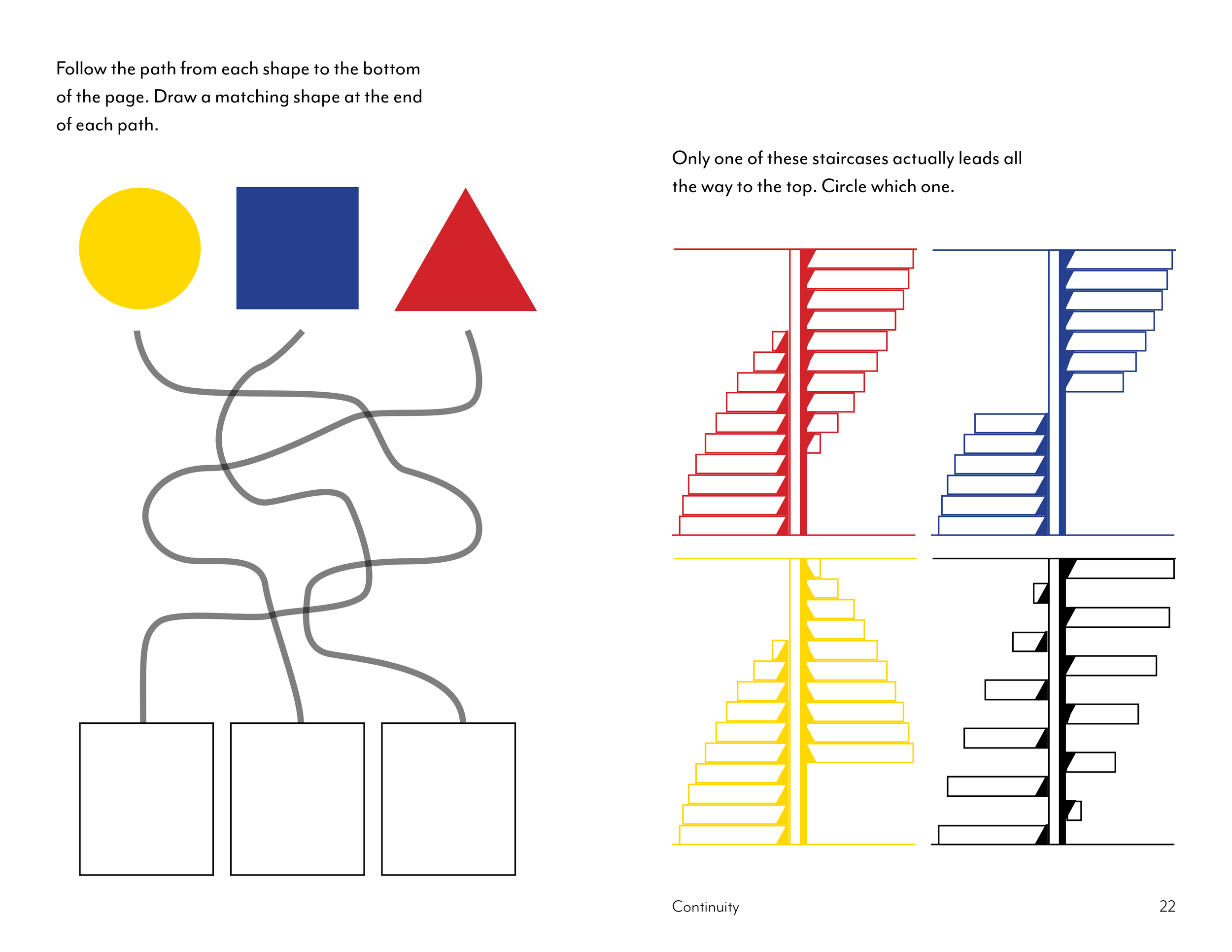 Diagram illustrating paths from shapes to the bottom with a matching shape at the end, and a set of four bar charts with one staircase leading to the top, color-coded in red, blue, yellow, and black.