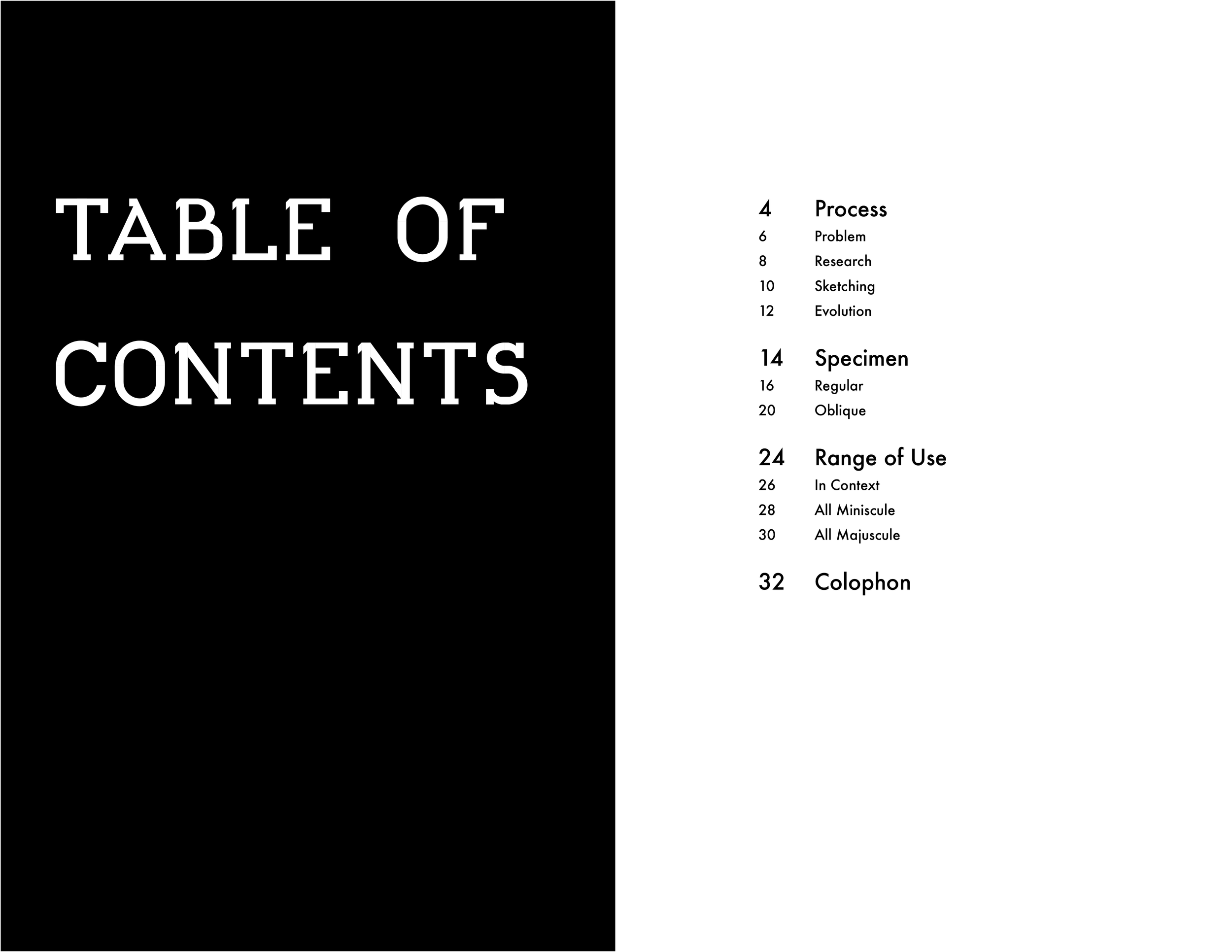 Table of contents page with black background on the left and white background on the right. The left side shows large white text reading 'TABLE OF CONTENTS'. The right side lists sections and pages: Process, Problem, Research, Sketching, Evolution, Specimen, Regular, Oblique, Range of Use, In Context, All Minuscule, All Majuscule, Colophon.