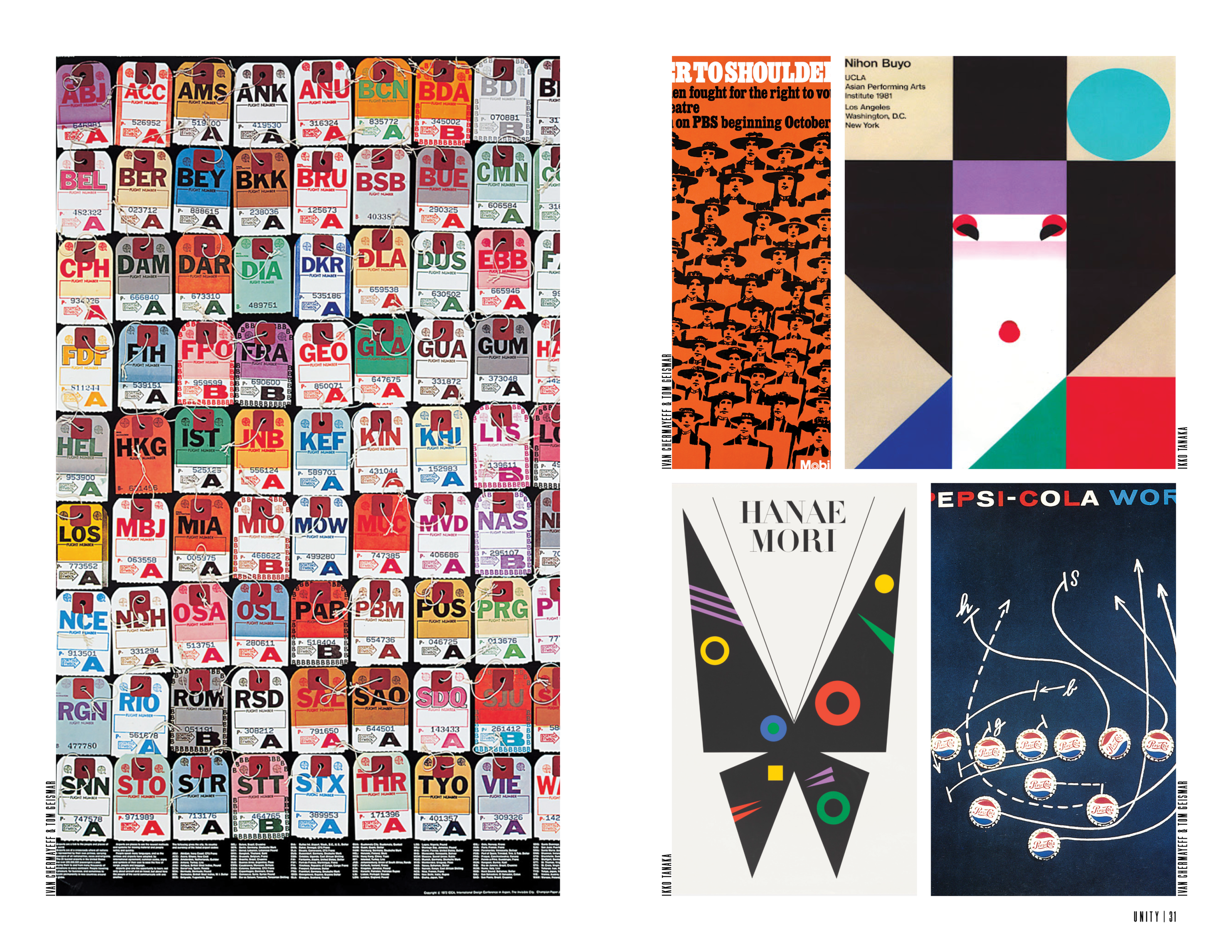 Collage of six posters, including colorful airport luggage tags, abstract art with a face, and scientific diagrams.