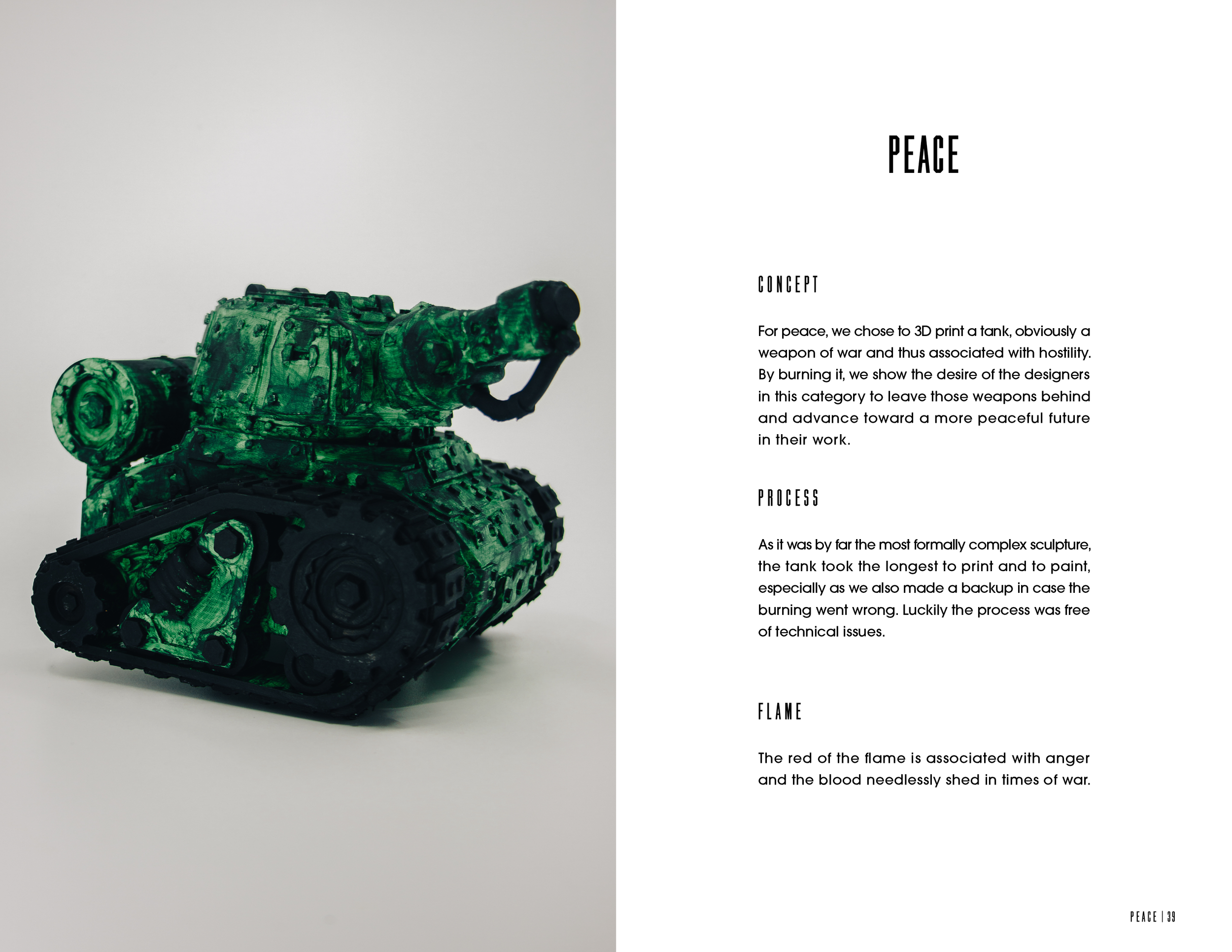 Green 3D-printed tank sculpture with black details on white background, accompanied by text about peace concept, process, and symbolism.