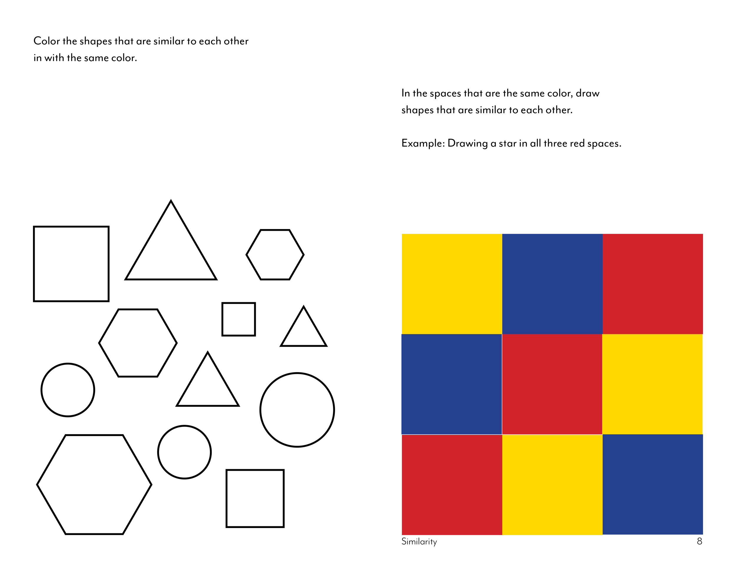 Educational worksheet showing black outlines of various geometric shapes, including squares, triangles, hexagons, and circles, with a color-coded grid on the right used for shape similarity comparisons.