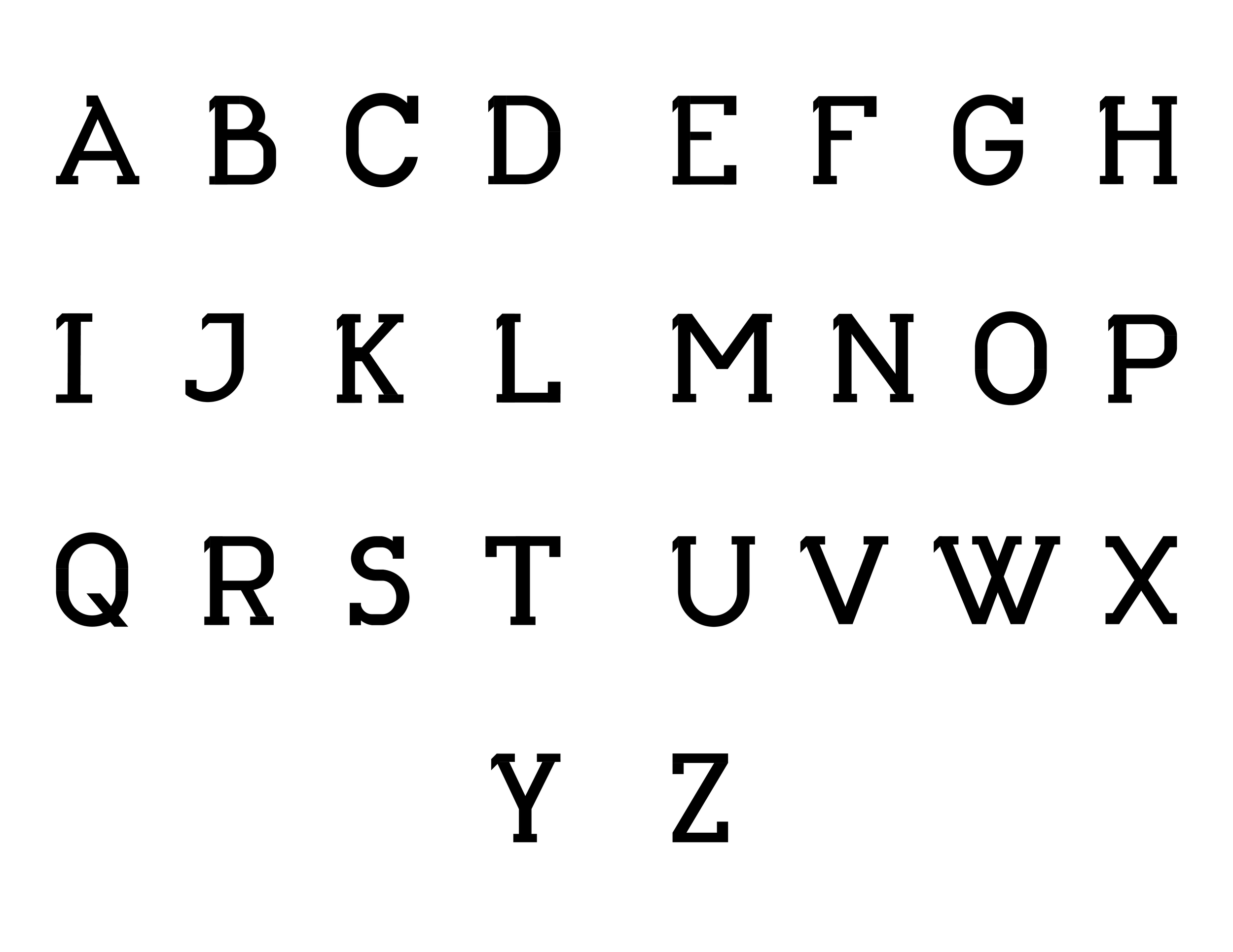 Charging Slab majuscule letters from A to Z arranged in four rows, with the first three rows having eight letters each, and the last row having two letters, on a white background.