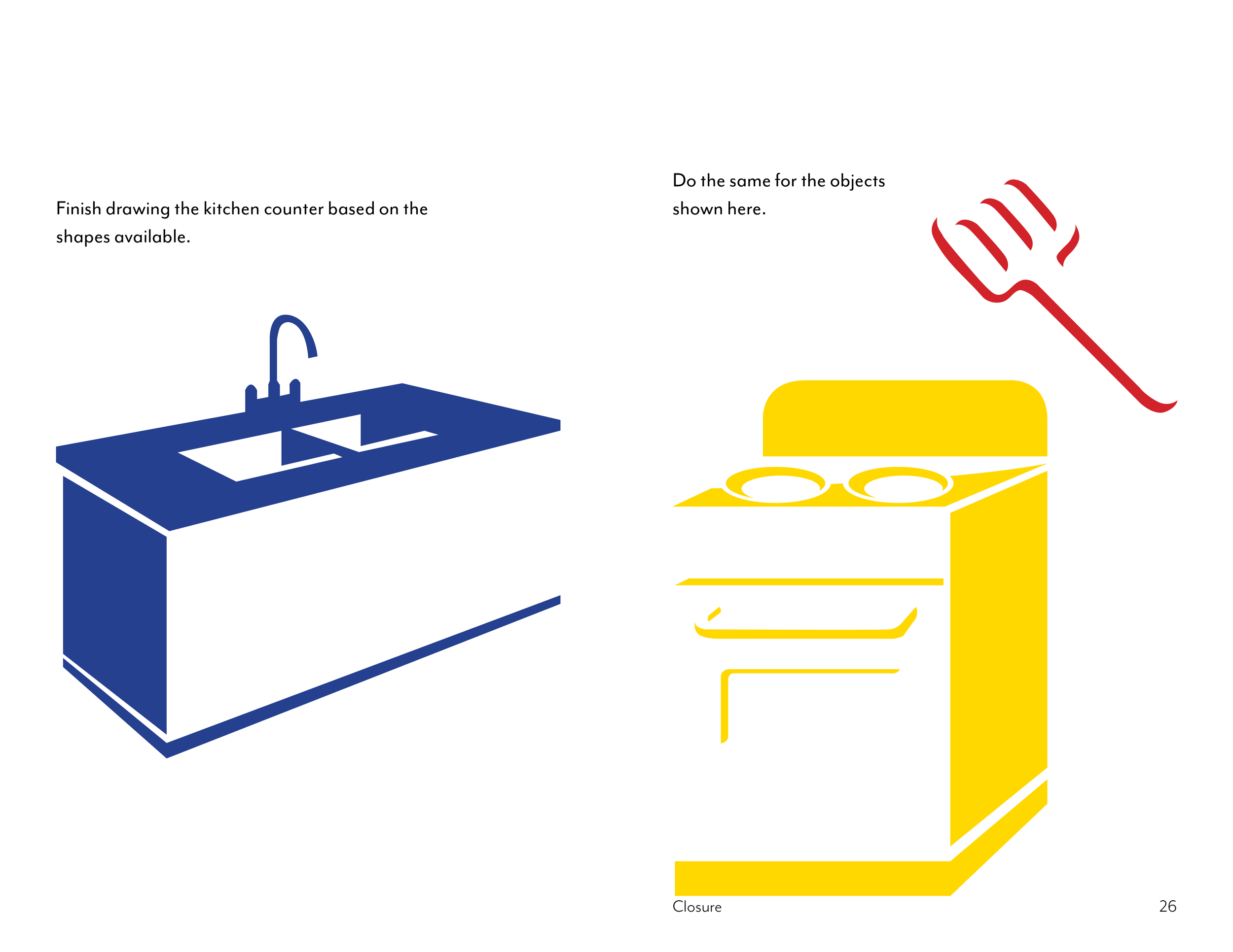 Illustration of a blue kitchen sink with faucet and a yellow oven with stove, with instructions to finish drawing the kitchen counter and do the same for objects shown.