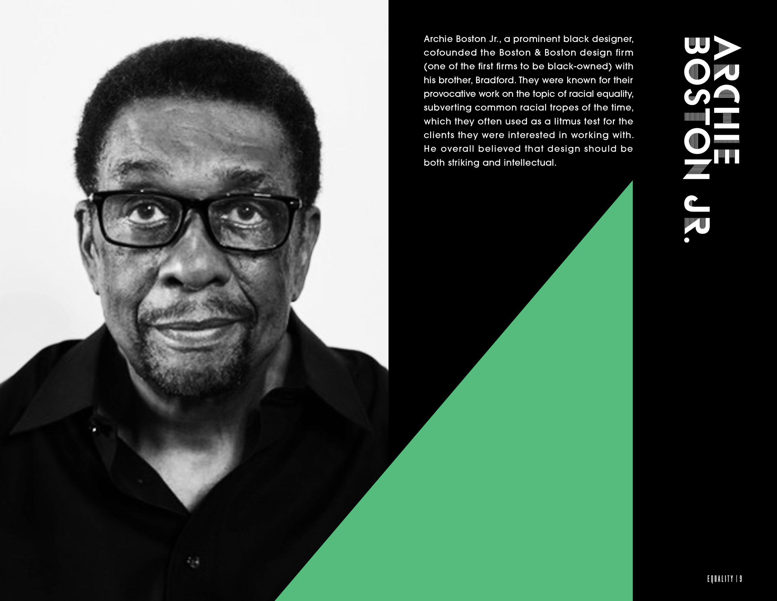 Open Issue No. 1 publication spread with a photo of Archie Boston Jr., with text about him and his work on design and his contributions to changing the perception of black people in design.