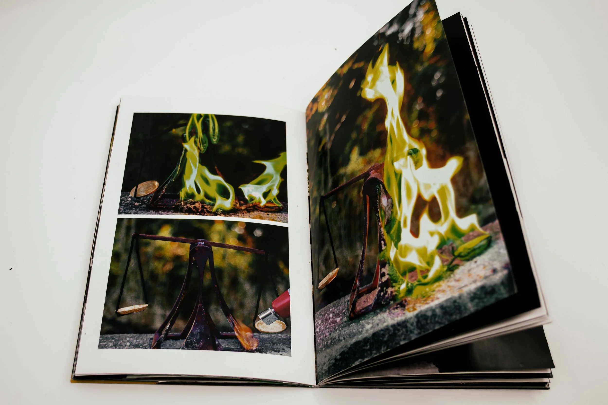 Open photo book showing images of a small fire on a rock, with a mobile lighter and burning paper, set outdoors with blurred trees in the background.