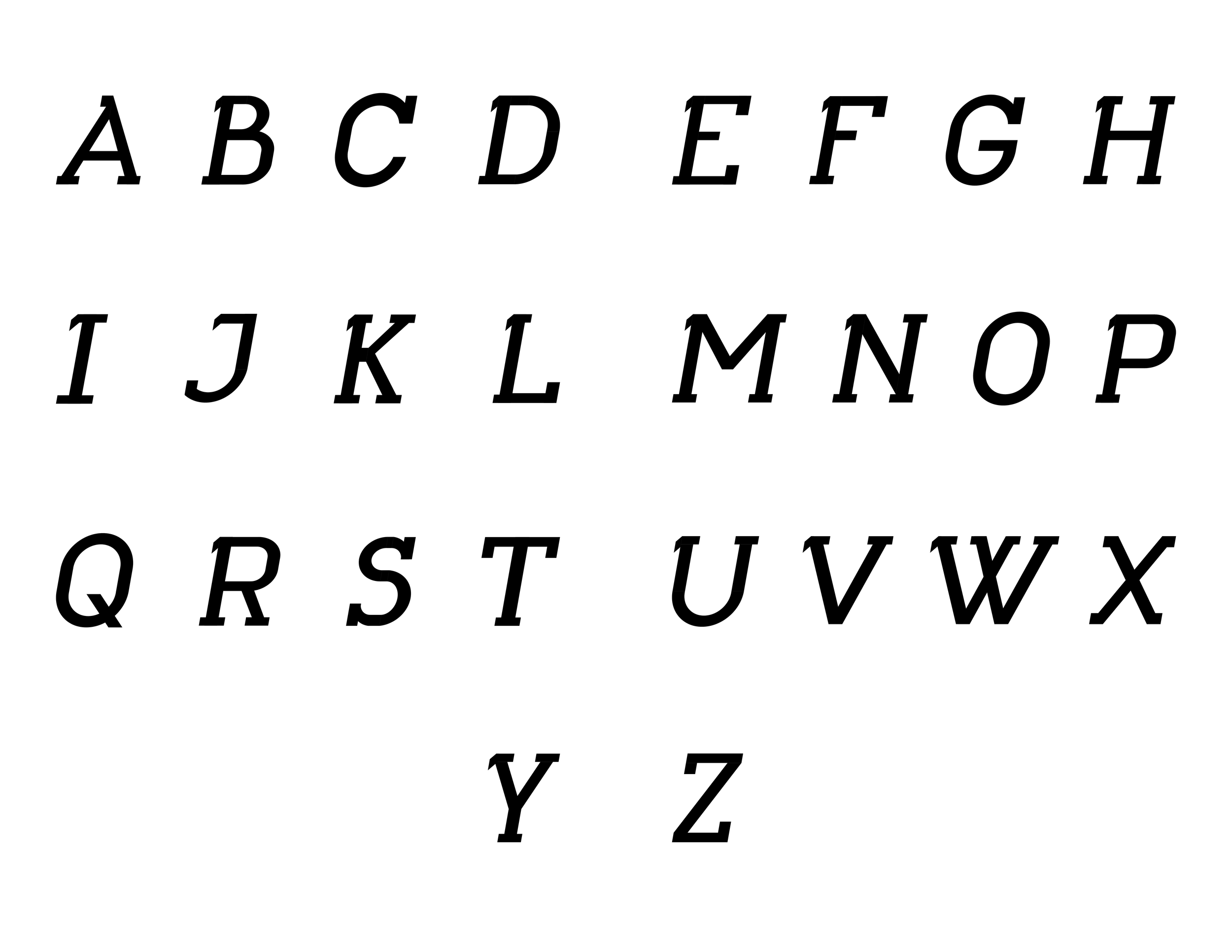 Charging Slab Oblique with majuscule letters in a stylized font against a white background.