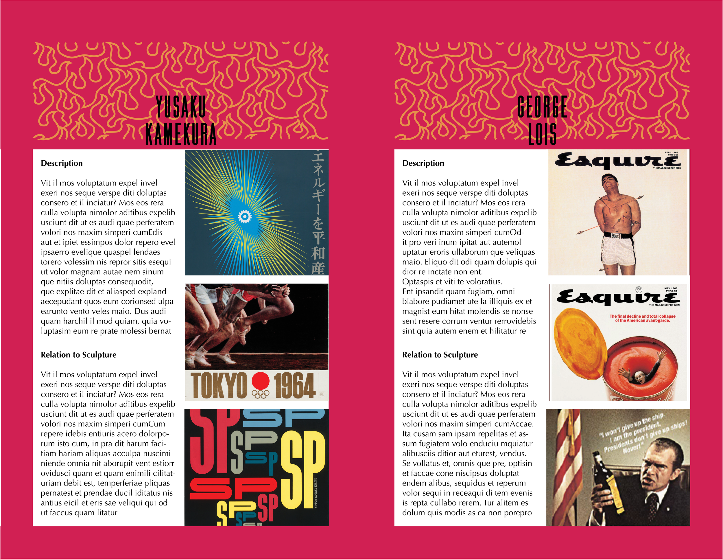 A split page layout with a pink background, featuring two columns of text and images. The left column highlights Yusaku Kamekura's name at the top, with images related to sports and Tokyo 1964 Olympics. The right column highlights George Lois's name at the top, with magazine covers and a photo of a man in shorts, holding a stick.