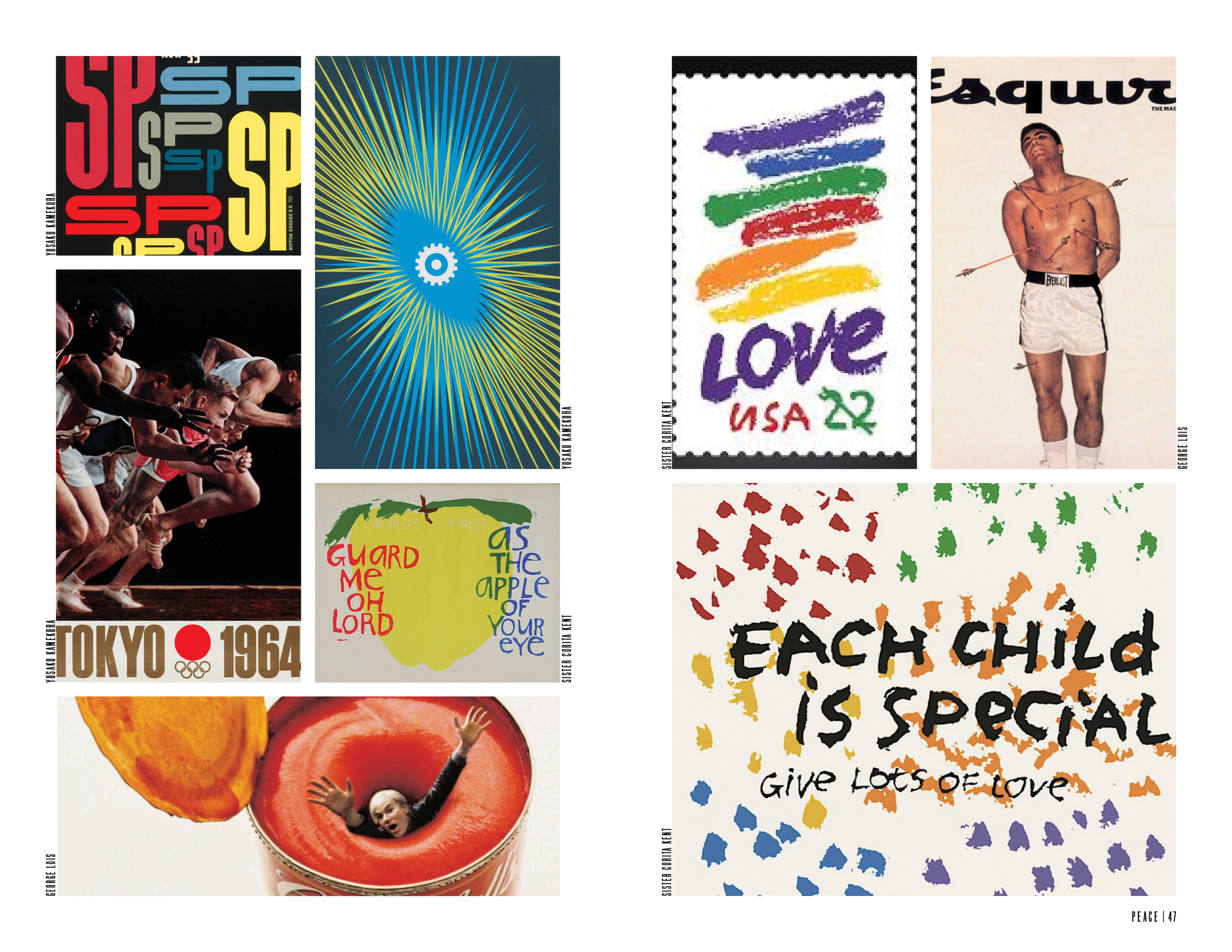 Collage of various colorful posters and artwork, including Olympic athletes from 1964 Tokyo Olympics, a sunflower with text, a rainbow-colored love stamp, a man with arrows in his body, and vibrant textual artwork emphasizing love and kindness.