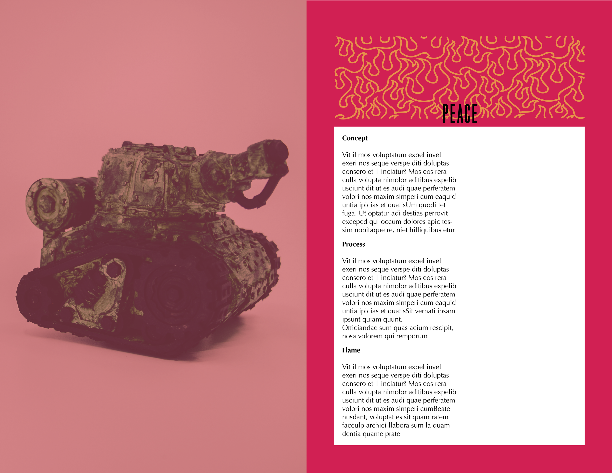 A pink background features a greenish-brown military tank on the left and a text box on the right with a red header and yellow abstract lines, the word "PEACE" in black, and placeholder text about concept, process, and flame.